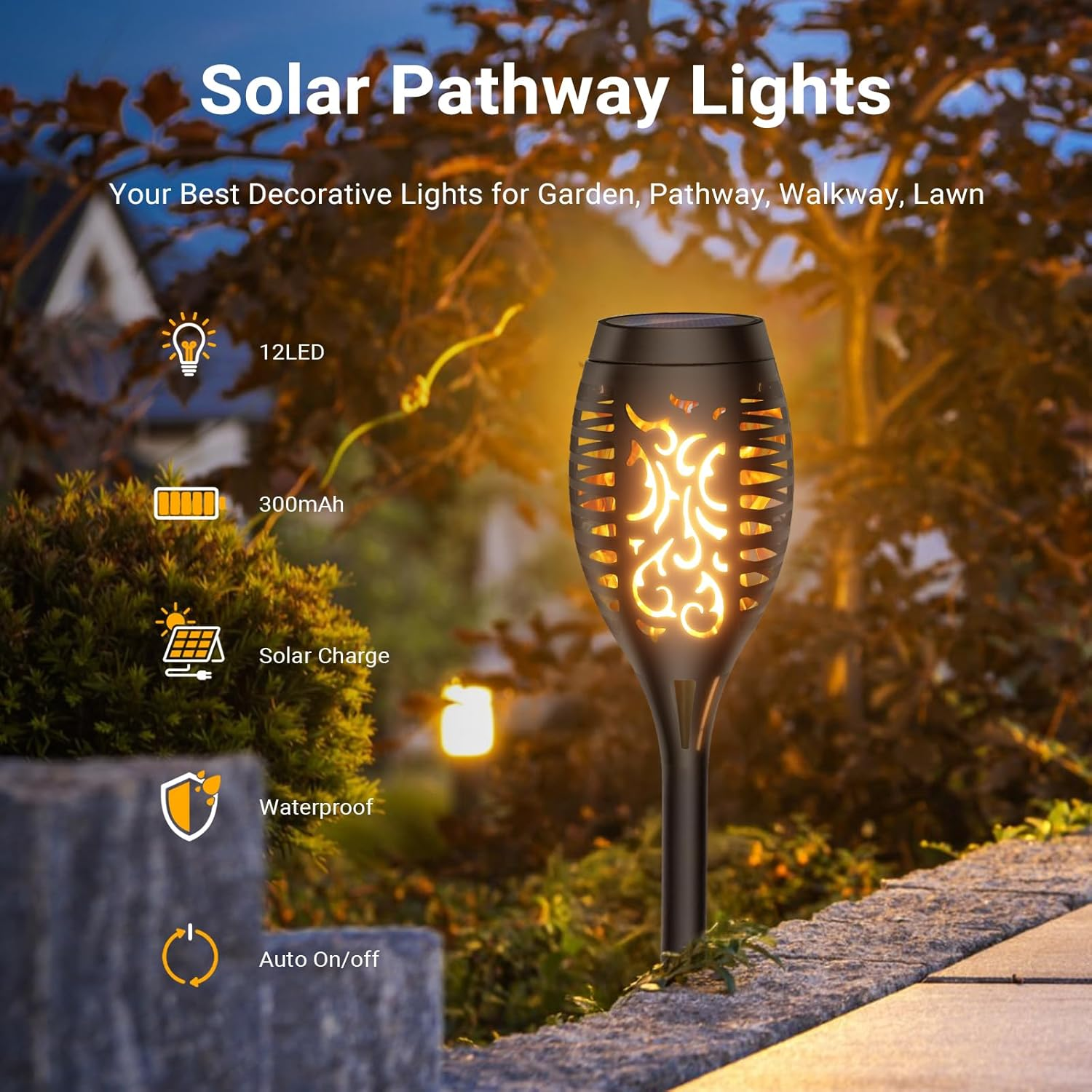 Xmart 12 LED Solar Lights Outdoor Upgraded 8Pack,Ip65 Waterproof Solar Torch Light with Flickering Flame, Solar Tiki Torches Decoration Lights, for Path Yard Garden image number 5