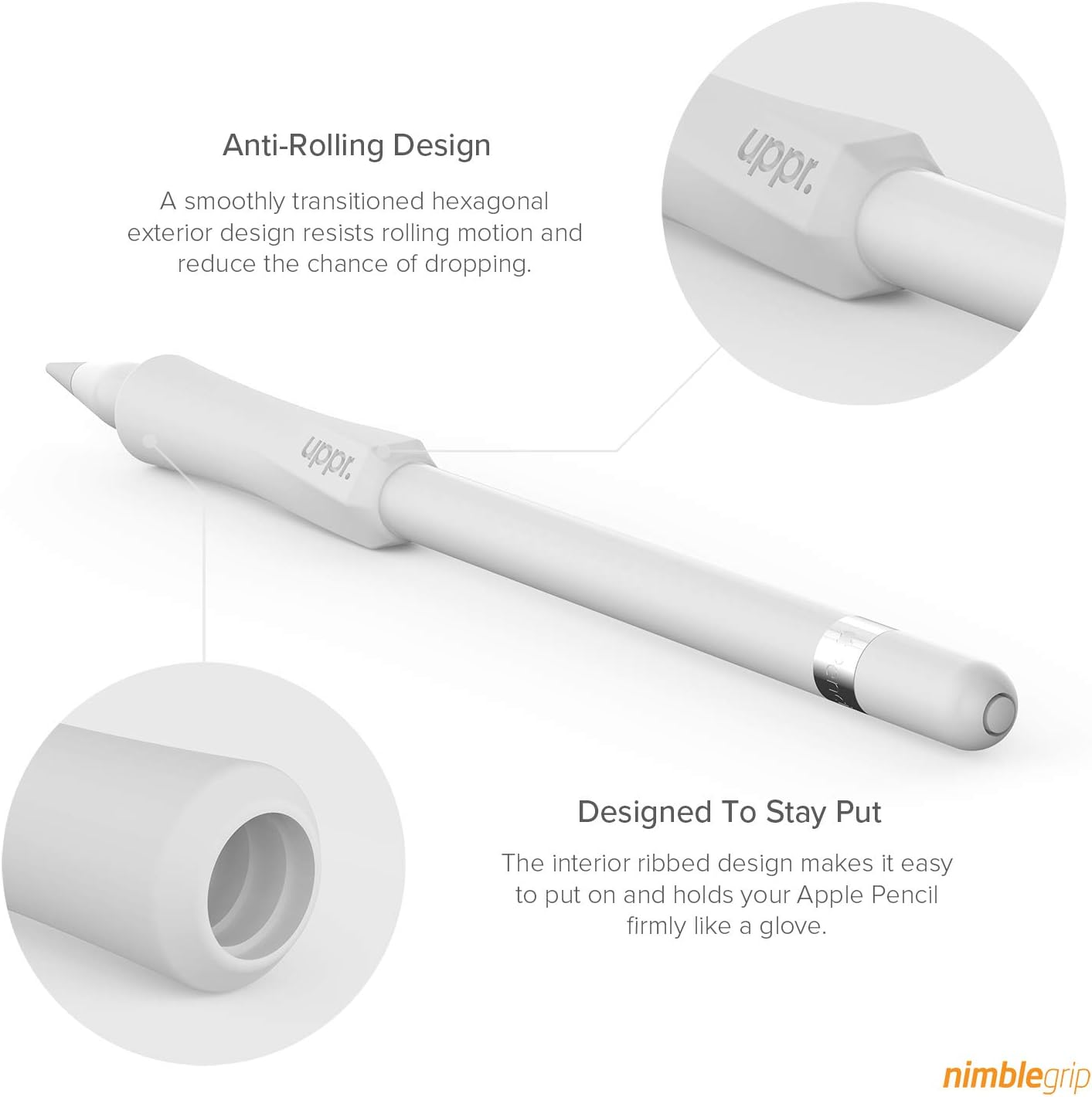 UPPERCASE Designs Nimblegrip Premium Silicone Ergonomic Grip Holder, Dual Sided Design, Compatible with Apple Pencil 1St Generation and Apple Pencil 2Nd Generation (2 Pack, White)
