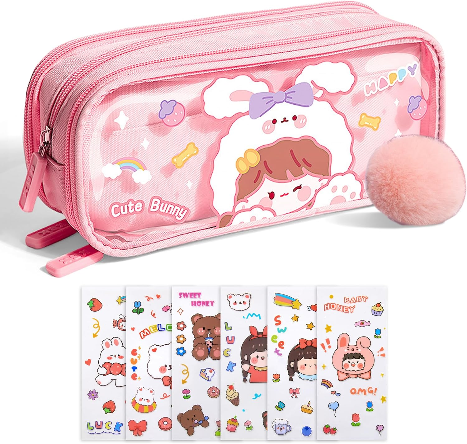 UINSUE Cute Pen Case Adorable Bunny Transparent 3-Layer Large Capacity Pencil Case Gadget Organizer with Lovely Stickers (Pink)