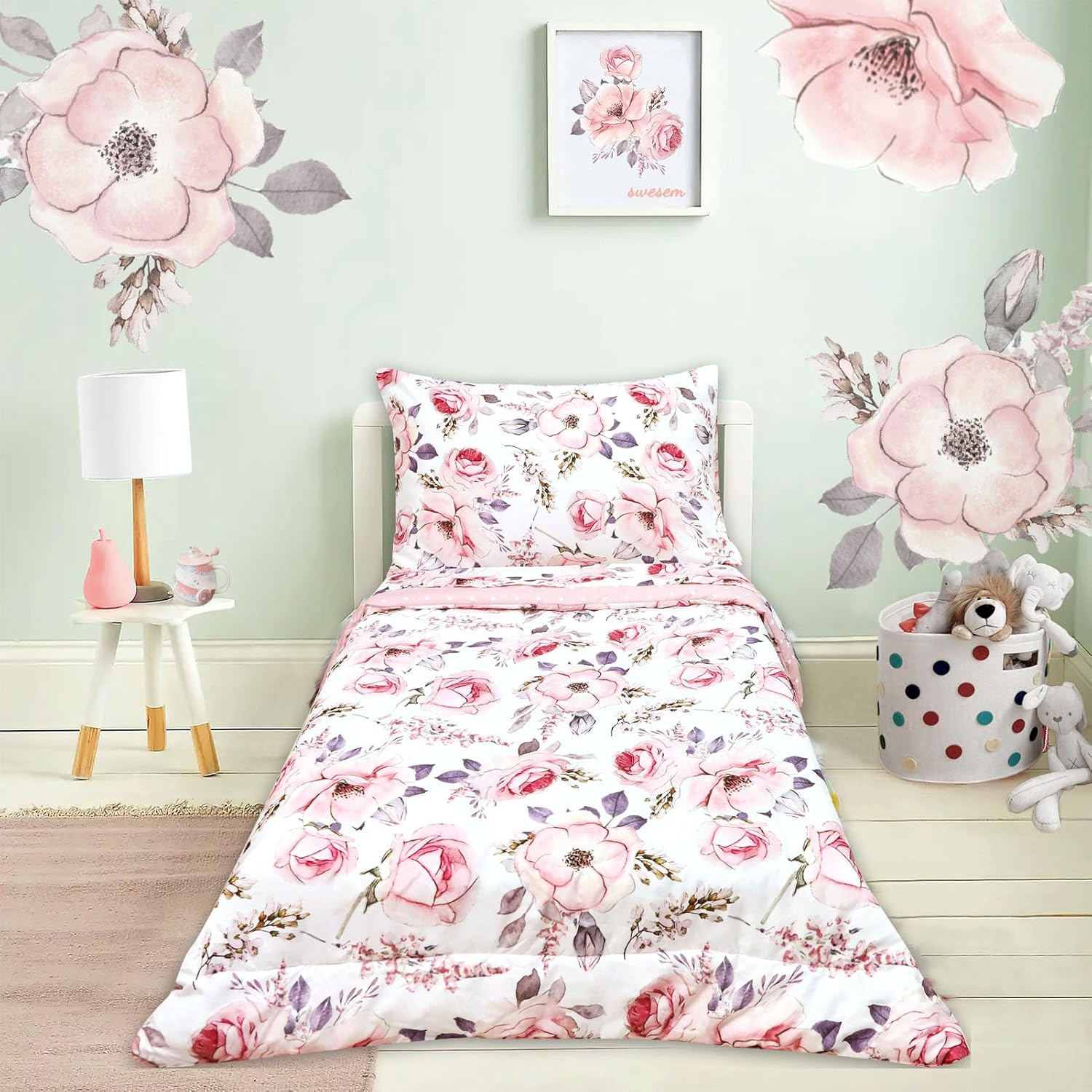 Toddler Bedding Sets for Girls, 4 Piece Soft Crib Bedding Set, Flower Toddler Girl Bed Comforter Set, Includes Pink Floral Series Comforter, Fitted Sheet, Flat Sheet and Pillowcase image number 3