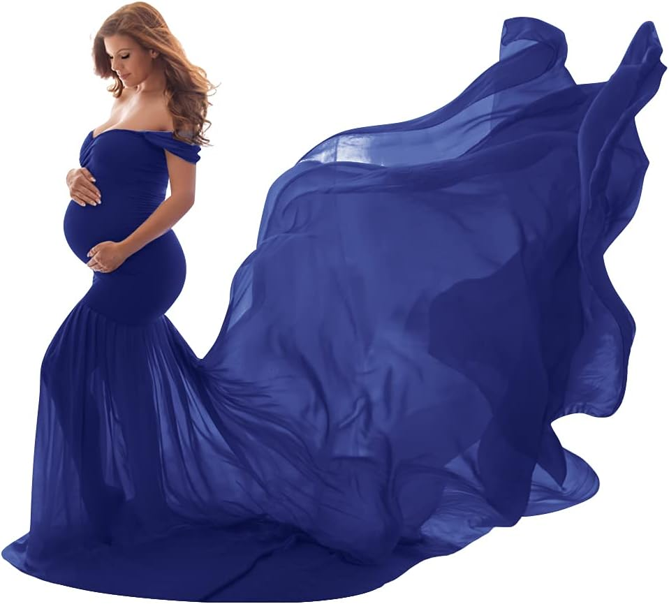 IWEMEK Women Maternity Dress for Photography Mermaid off Shoulder Slim Fitted Chiffon Gown Flowy Baby Shower Maxi Photo Props Dress