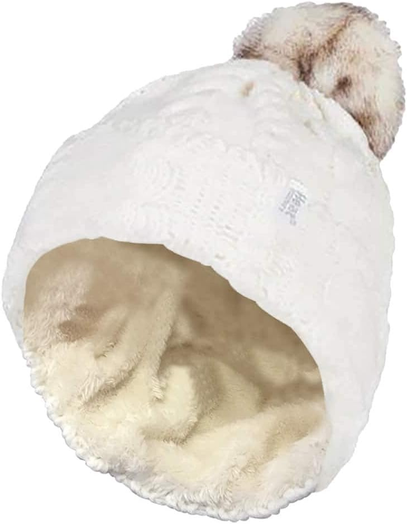 Heat Holders - Ladies Cable Knit Fleece Lined Thermal Winter Bobble Pom Pom Hat