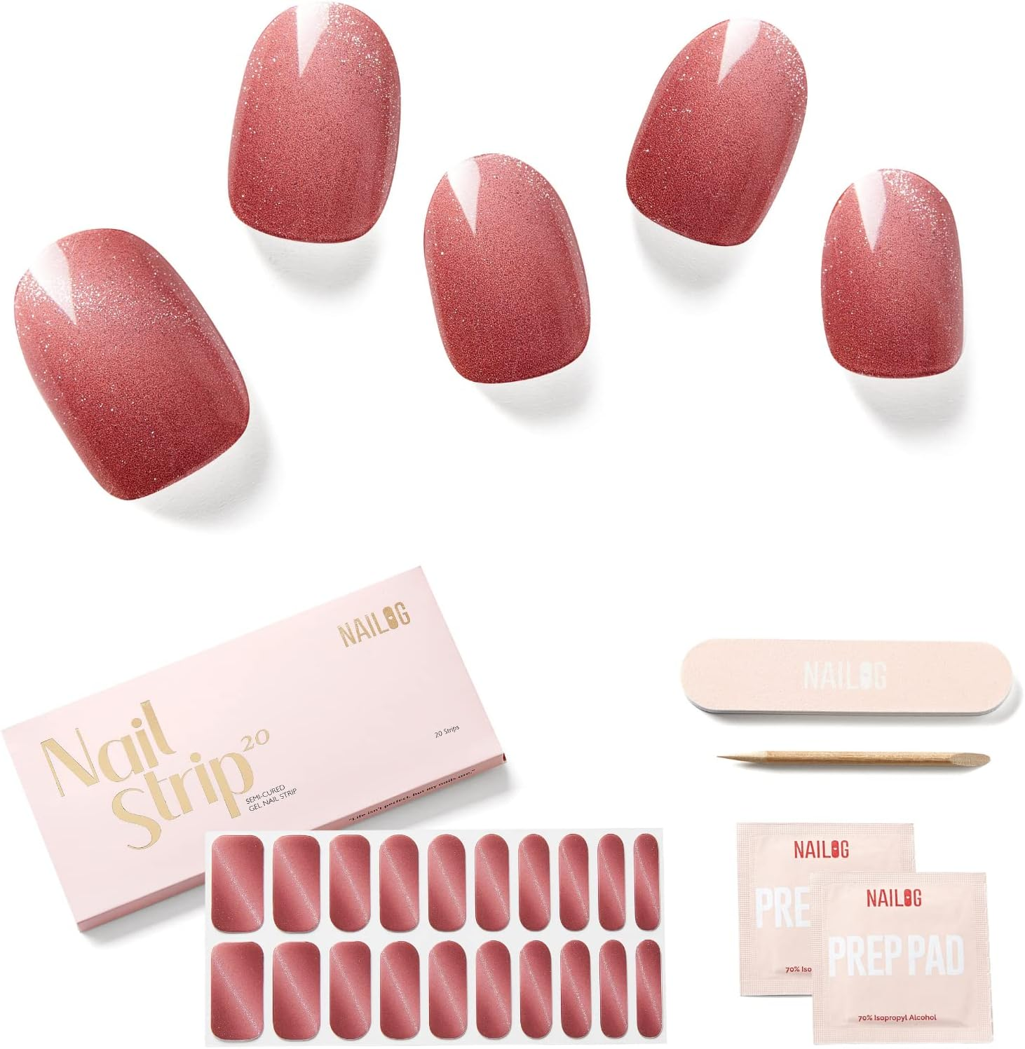 NAILOG Semi Cured Gel Nail Strips (20 Extra Long Nail Stickers) | Glossy & Long Lasting Soft Gel Finish Nail Wrap| Silvery Kahala image number 3