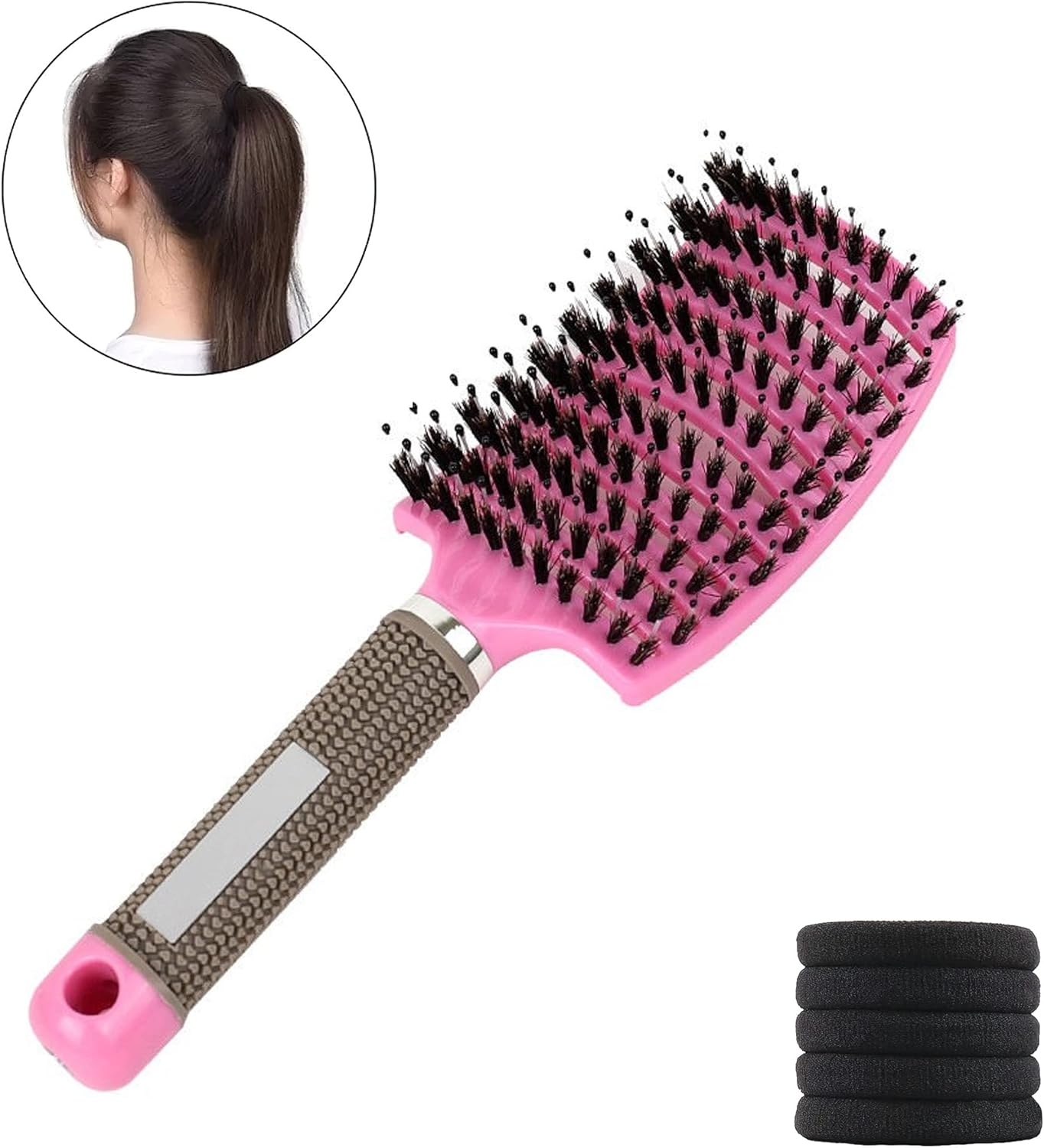 Hair Brush + 5 Scrunchies - anti Pull - Massage Effect - Detangling Comb - Jabali Bristles - All Hair Types (Pink) image number 4