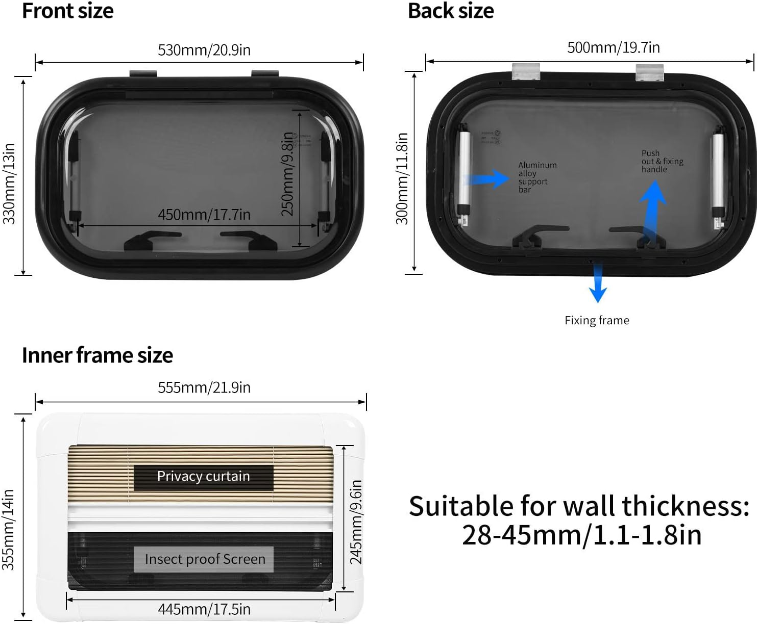 RV Exit Window, 530X330Mm UV RV Push Out Window with Sunshade Screen, Acrylic Glass RV Window Replacement for Caravan Camper RV