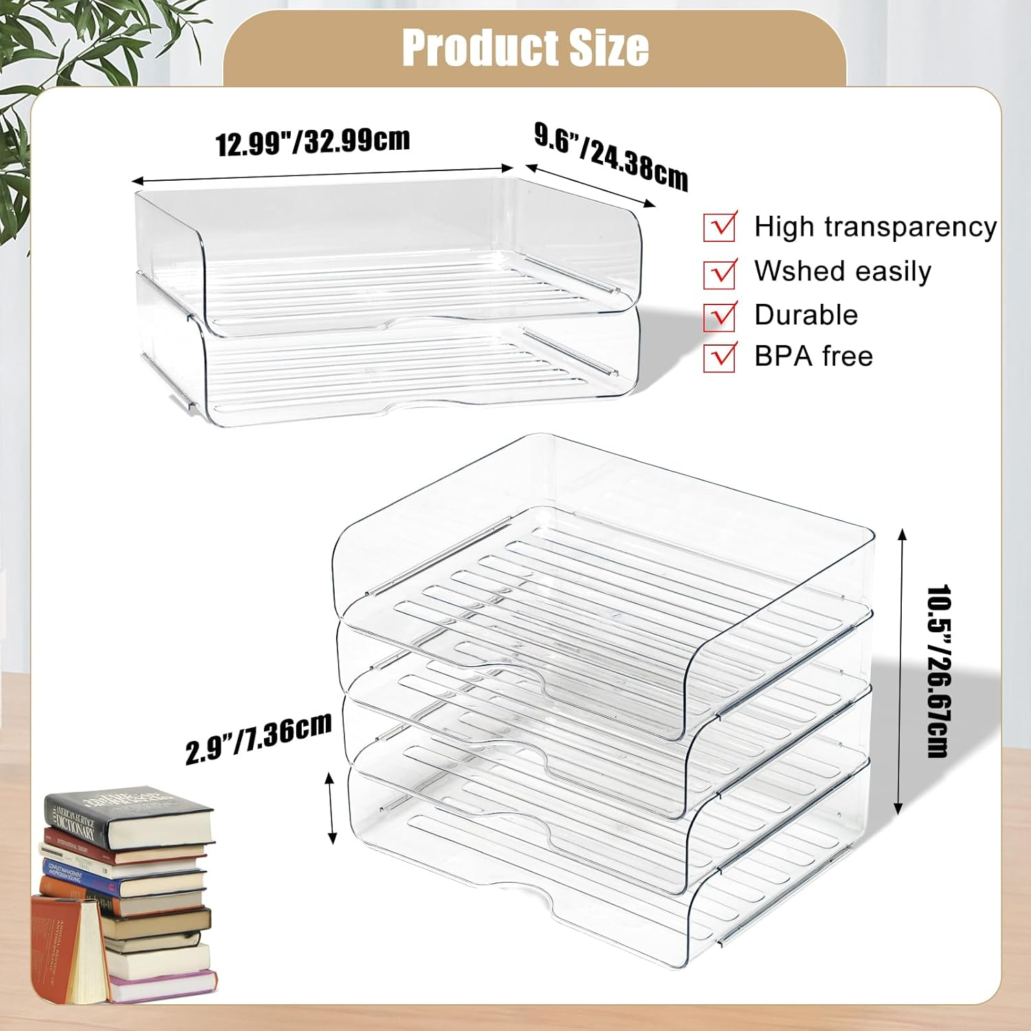 Clear Stackable Paper Trays 4 Pack, Letter Tray Desk Organizer, Desktop Organizers and Storage for Books, Magazines, Folders, A4 Size File Paper, Office Supplies image number 5