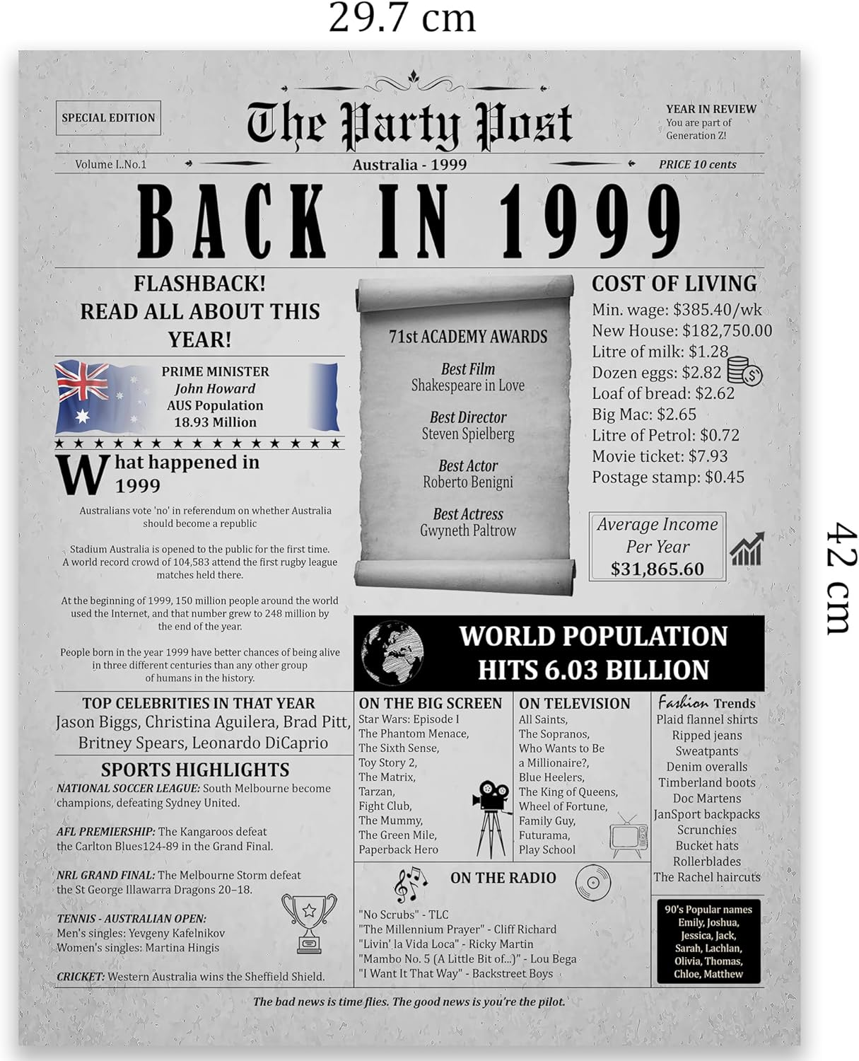 26Th Birthday Party Decorations Poster - 26 Years Ago Anniversary Card for Women and Men. Back in 1999 Home Decor Supplies for Her or Him Turning 26 Years Old. Size A3 Birthday Retro Card image number 5