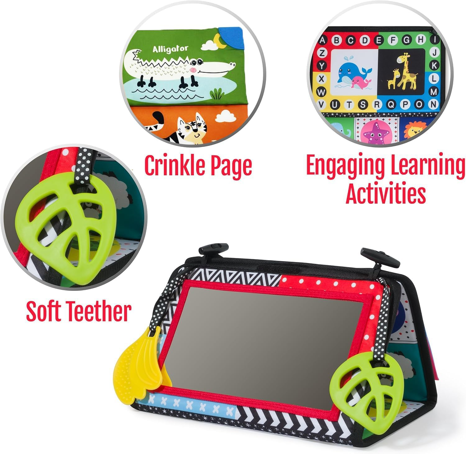 Tummy Time Floor Mirror, Black and White Baby Book, High Contrast Crinkle Cloth Book with Teethers, Activity Developmental Gift Toys for Infants Newborn Boys Girls 0-12 Months image number 2