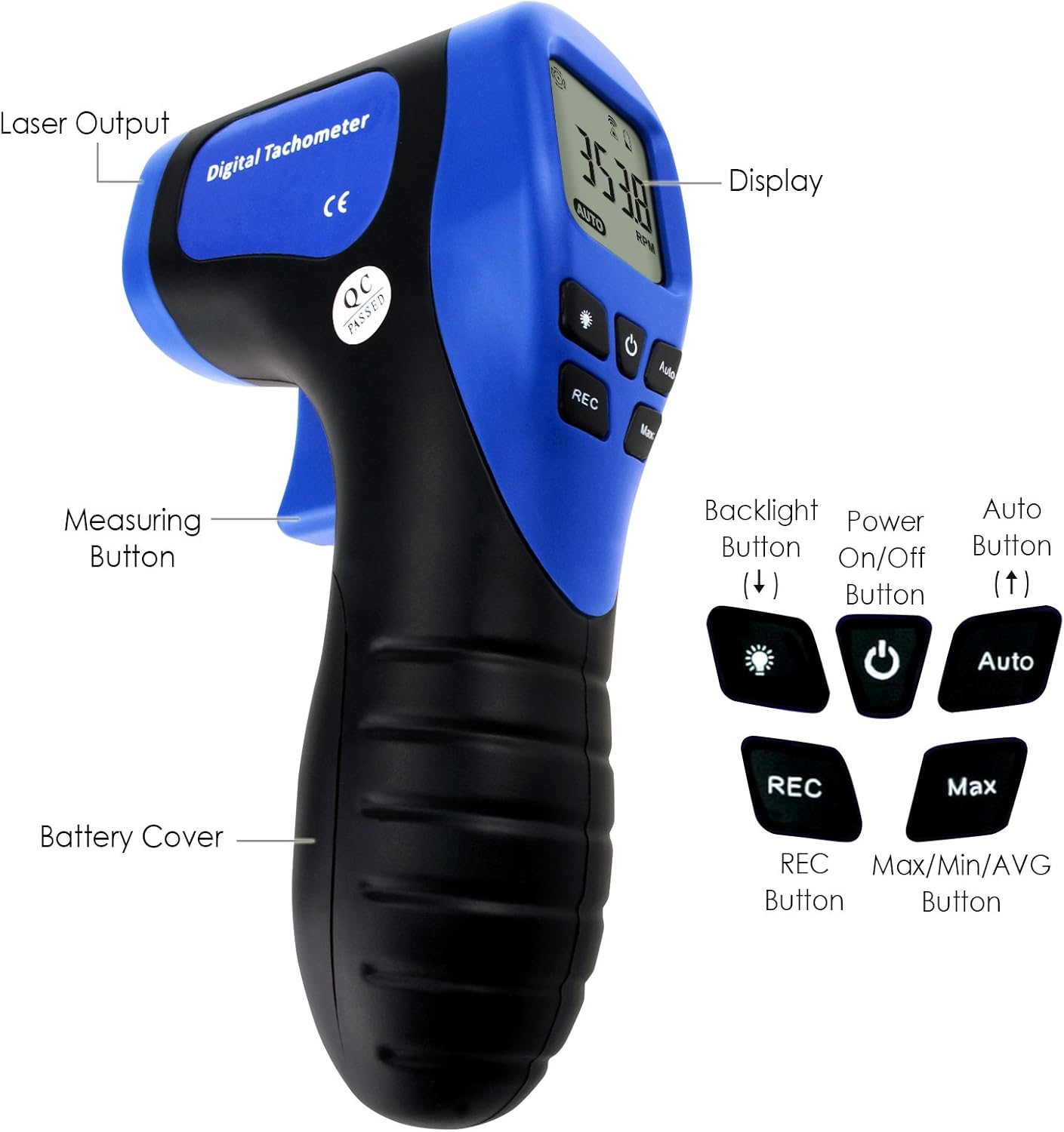 Digital LCD Photo Tachometer Non-Contact RPM Meter Speed Gauge Surface Speed Tach Meter