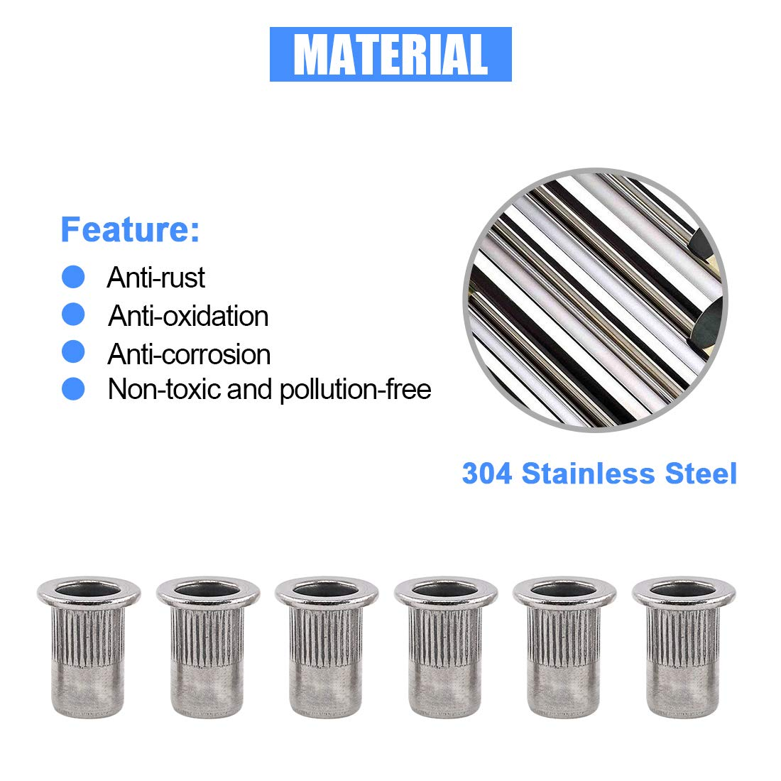 Glarks 50Pcs 304 Stainless Steel M6 Flat Head Threaded Rivetnut Insert Nutsert Rivet Nut Set (M6) image number 3