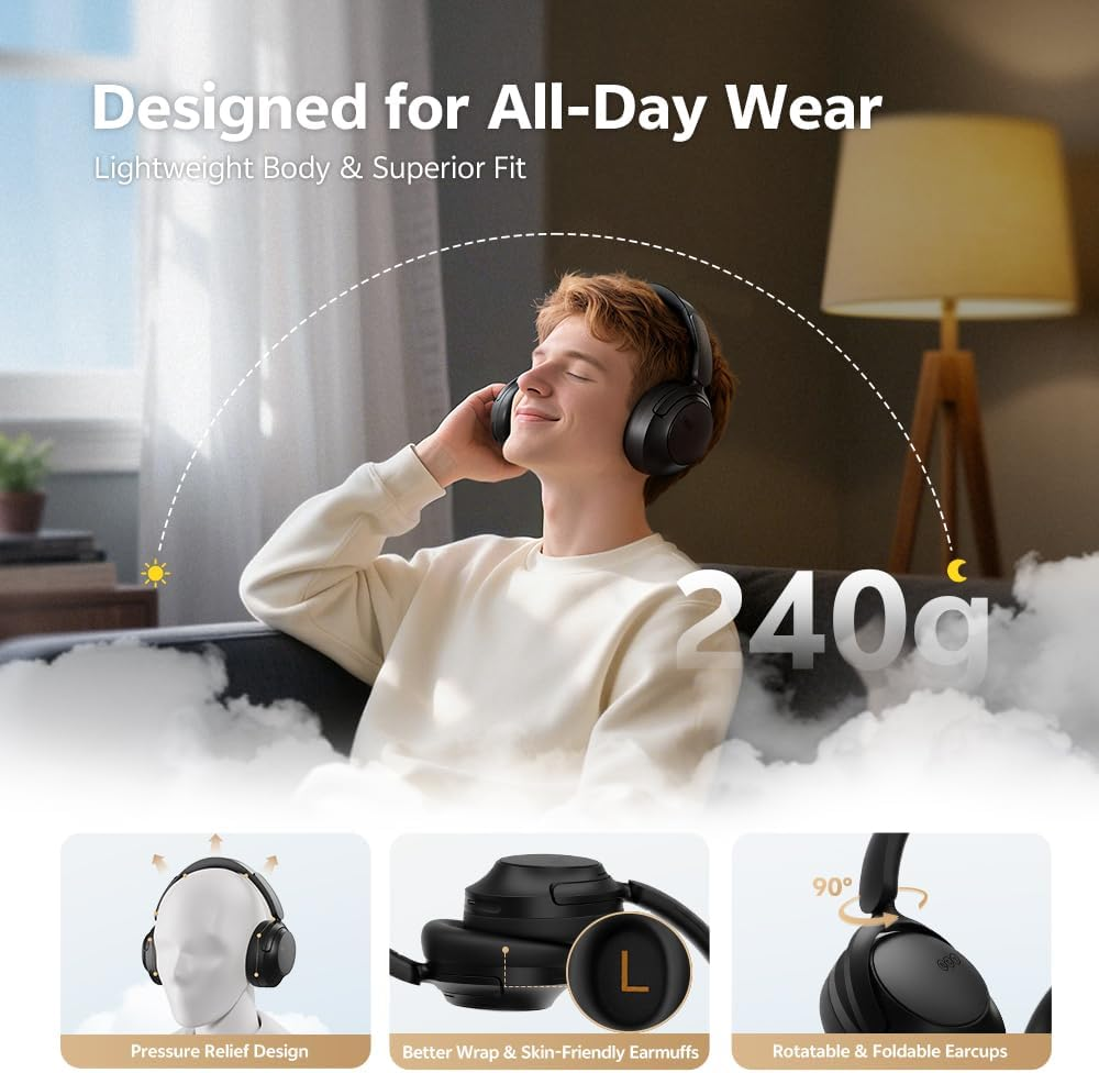 QCY H3S over Ear Bluetooth Headphones, Hybrid Active Noise Cancelling, Hi-Res Audio, LDAC, Ultralight and Comfortable Fit, 86 Hours Battery Life, Bluetooth 6.0, EQ in App, Dual Connection image number 3