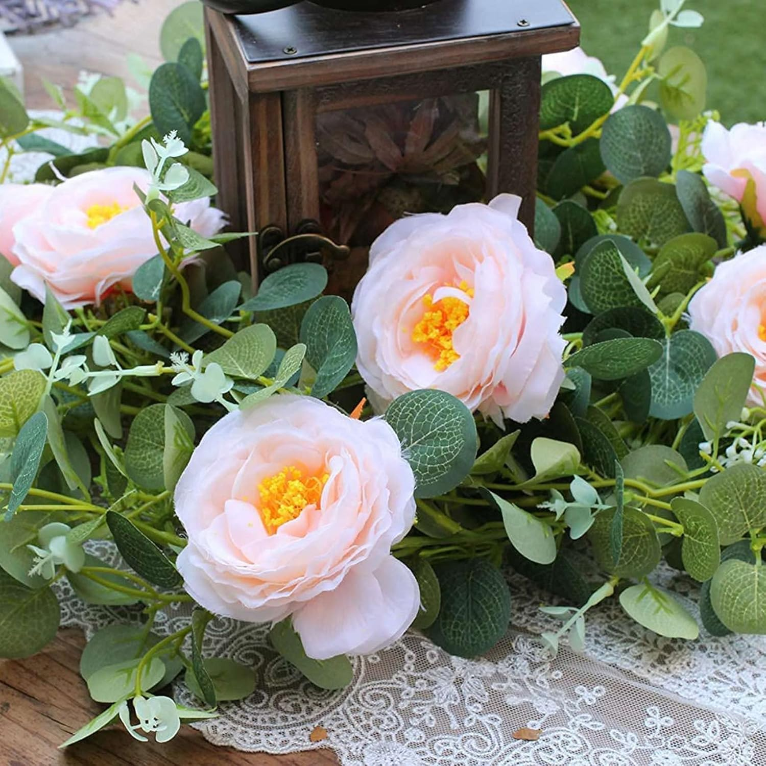 Qeunrtiy 2 Pack Eucalyptus Garland with Champagne Rose, Greenery Garland Bulk Artificial Silk Floral Eucalyptus Leaves Vines(B) image number 5