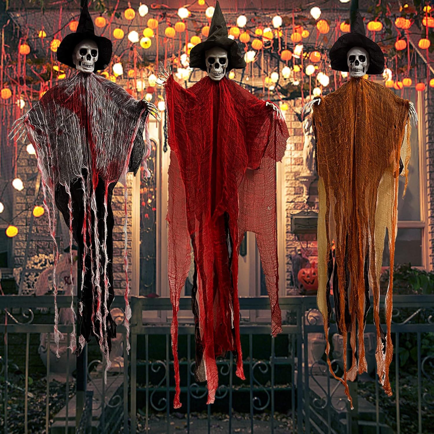 3 Pack Halloween Hanging Grim Reapers, 47" Hanging Ghost Decorations with Hat for Halloween Indoor/Outdoor Haunted House Prop Decor