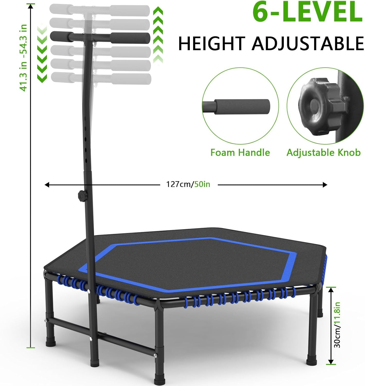 50" Hexagon Rebounder Trampoline for Adults Max Load 330Lbs Fitness Trampoline with 6 Heights Adjustable Handle Bar Silent Trampoline Bungee Rebounder Jumping for Adults with Safety Padded Cover image number 3