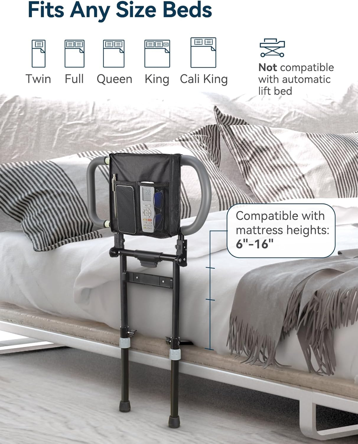 Lyrifine Bed Rail, Foldable Bed Rail for Elderly with Storage Pocket, Extendable Handle, Height Adjustable Bed Rails with Floor Support, Easy to Get in or Out of Bed image number 1