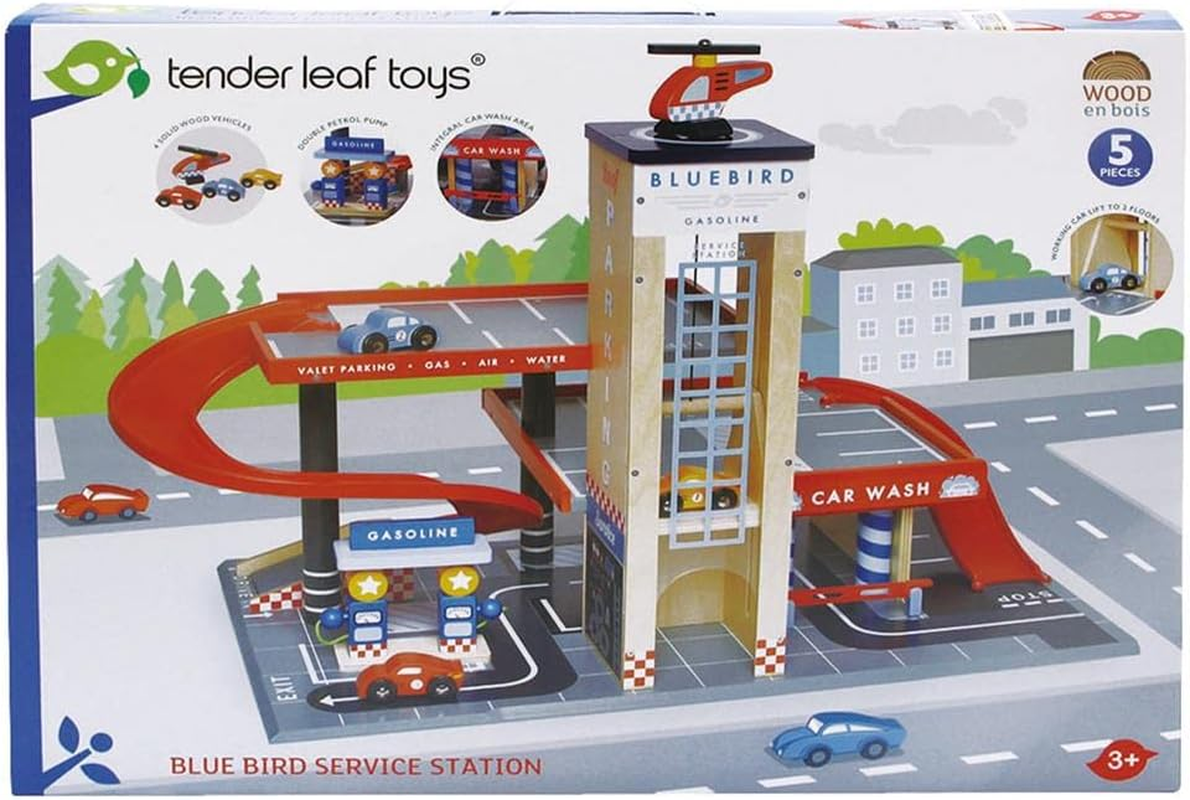 Tender Leaf Toys - Blue Bird Service Station - Classic Wooden Garage and Service Station for Cars and Helicopter with Ramps, Petrol Pumps and Car Wash Center - Imaginary and Roleplay for Children 3+