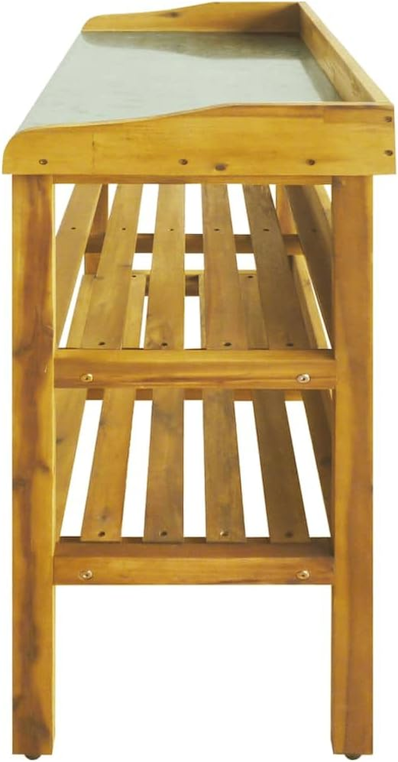 Potting Bench, Garden Potting Bench Tables with 2-Tier Shelves, Outdoor Wooden Work Station with Top Zinc Liner, Country Style Gardening Table for outside Garden/Porch, Brown, 29.9X14.6X36.2 image number 1
