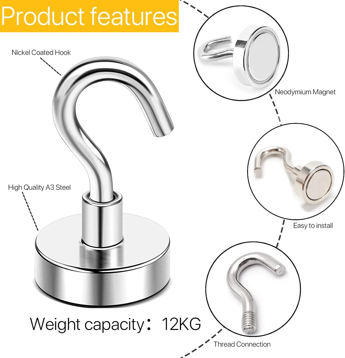 Leuik 20Pcs Magnetic Hooks Heavy Duty Strong Magnet Hooks for Hanging with Neodymium & Non Scratch Adhesive, 25LBS Magnetic Hanger for Cruise Ship Camping Grill Kitchen Toolbox Storage Refrigerator