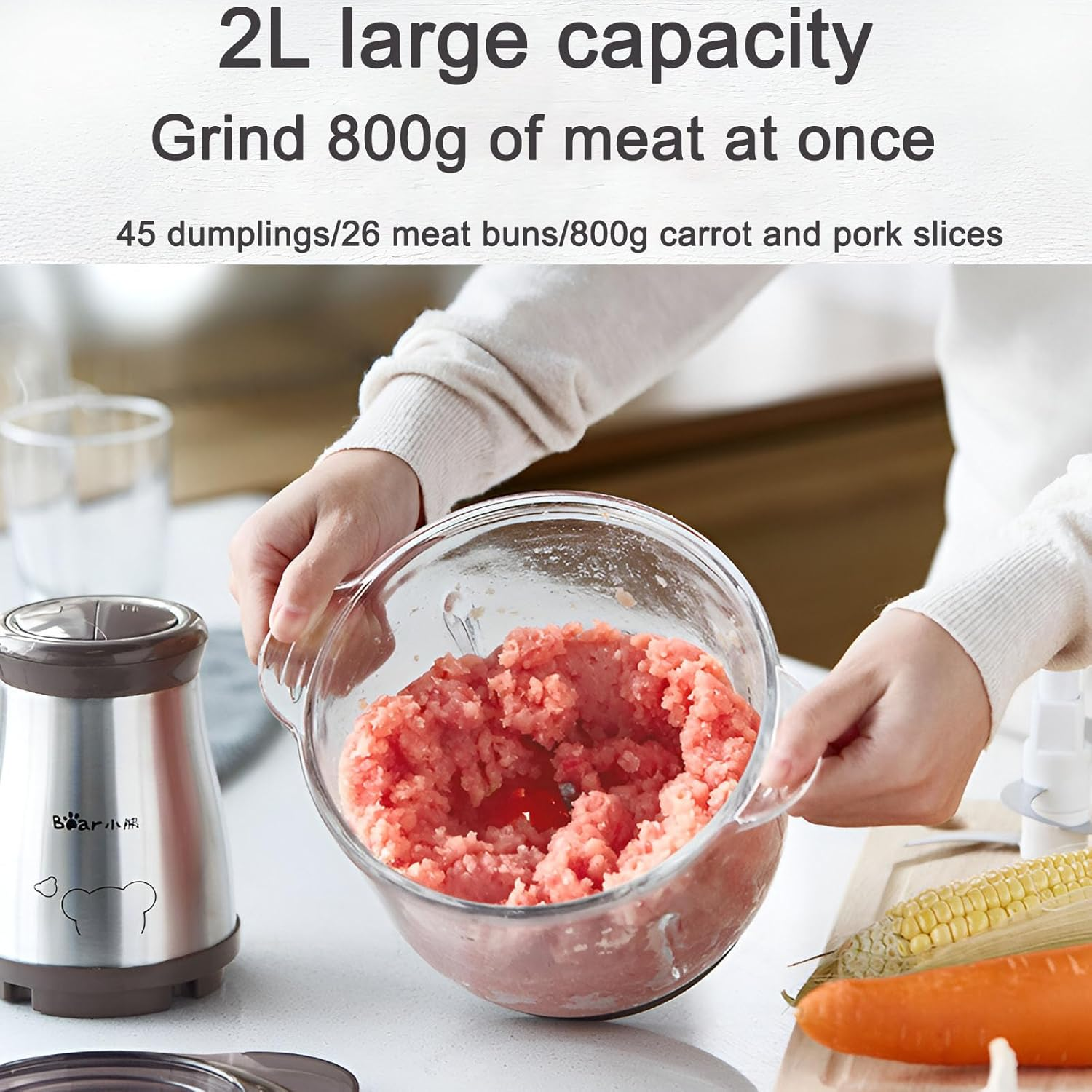 Food Processors, Electric Chopper with Meat Grinder & Veggie Choppe, 2L Glass Bowl & 4 Sharp Blades 2 Speed for Meat Grinder Vegetable Kitchen Cutter image number 6
