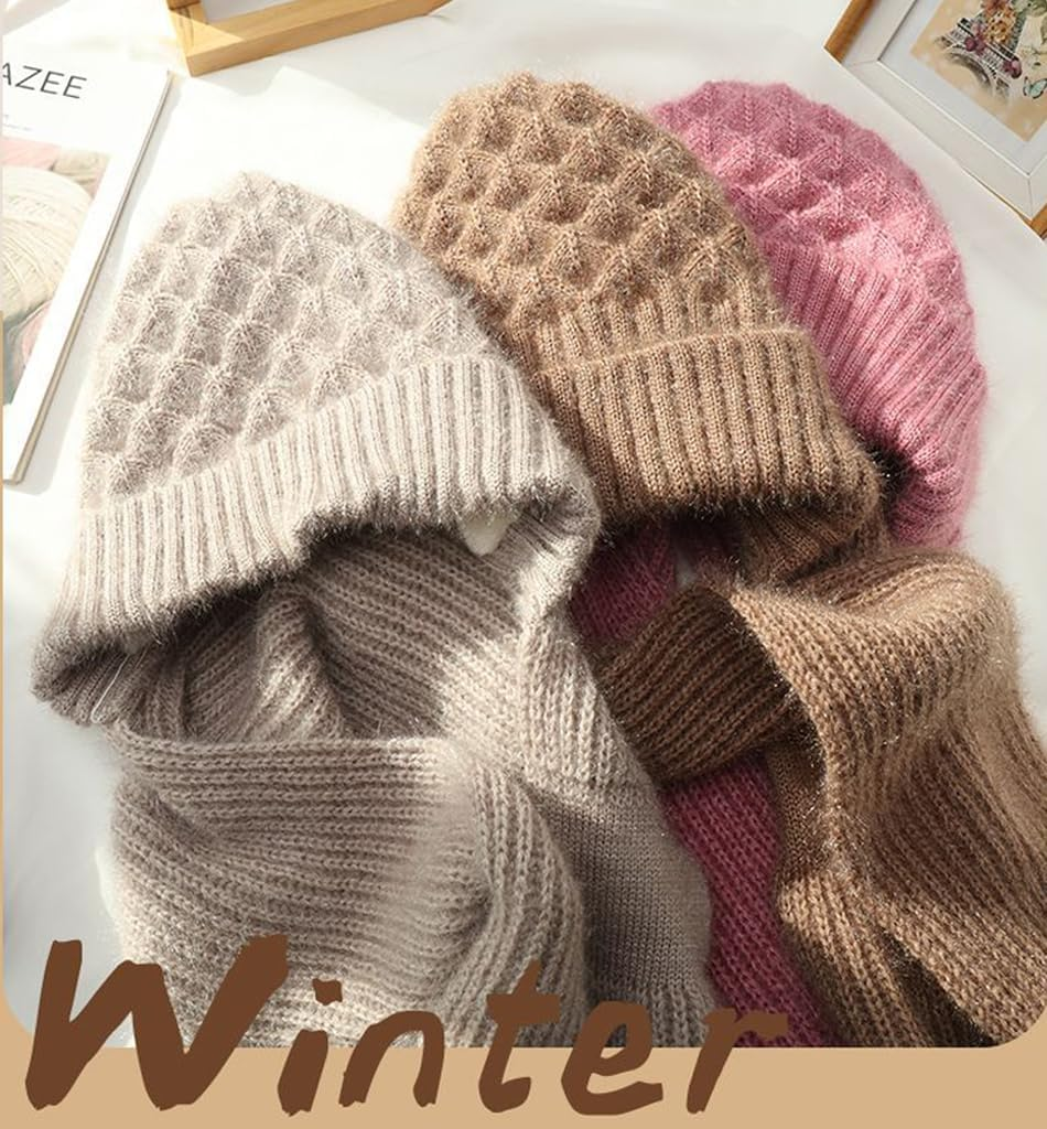 Women Winter Beanie Hats Scarf One-Piece Fleece Lined Warm Knit Ear Protection Integrated Hooded Scarf Cap - Blue image number 5