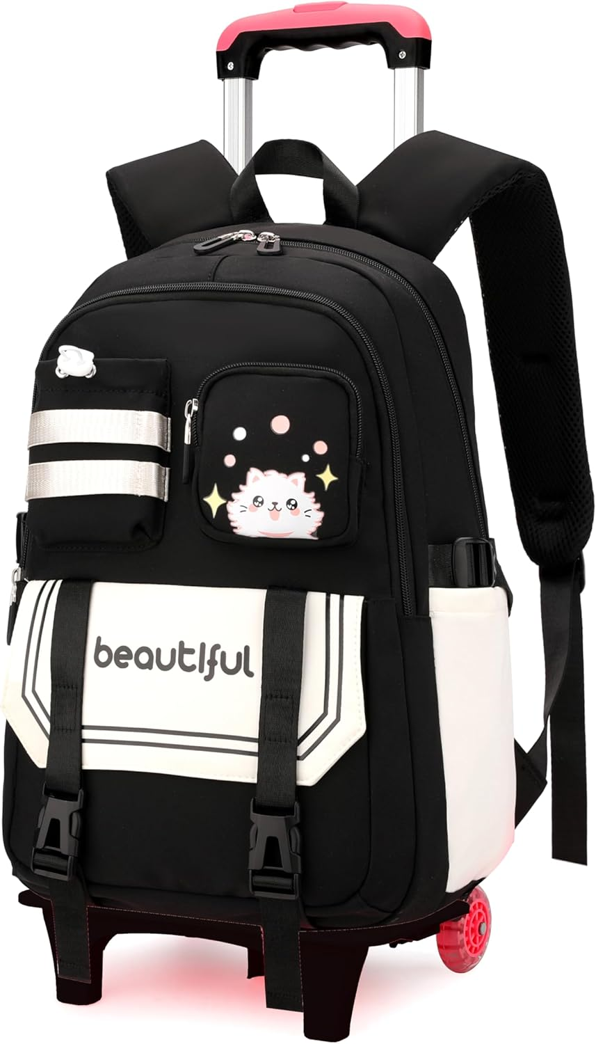 ETAISHOW Cat Print Rolling Backpack for Girls Kids Backpack with Wheels Roller Bookbag Trolley School Bag Wheeled Bag