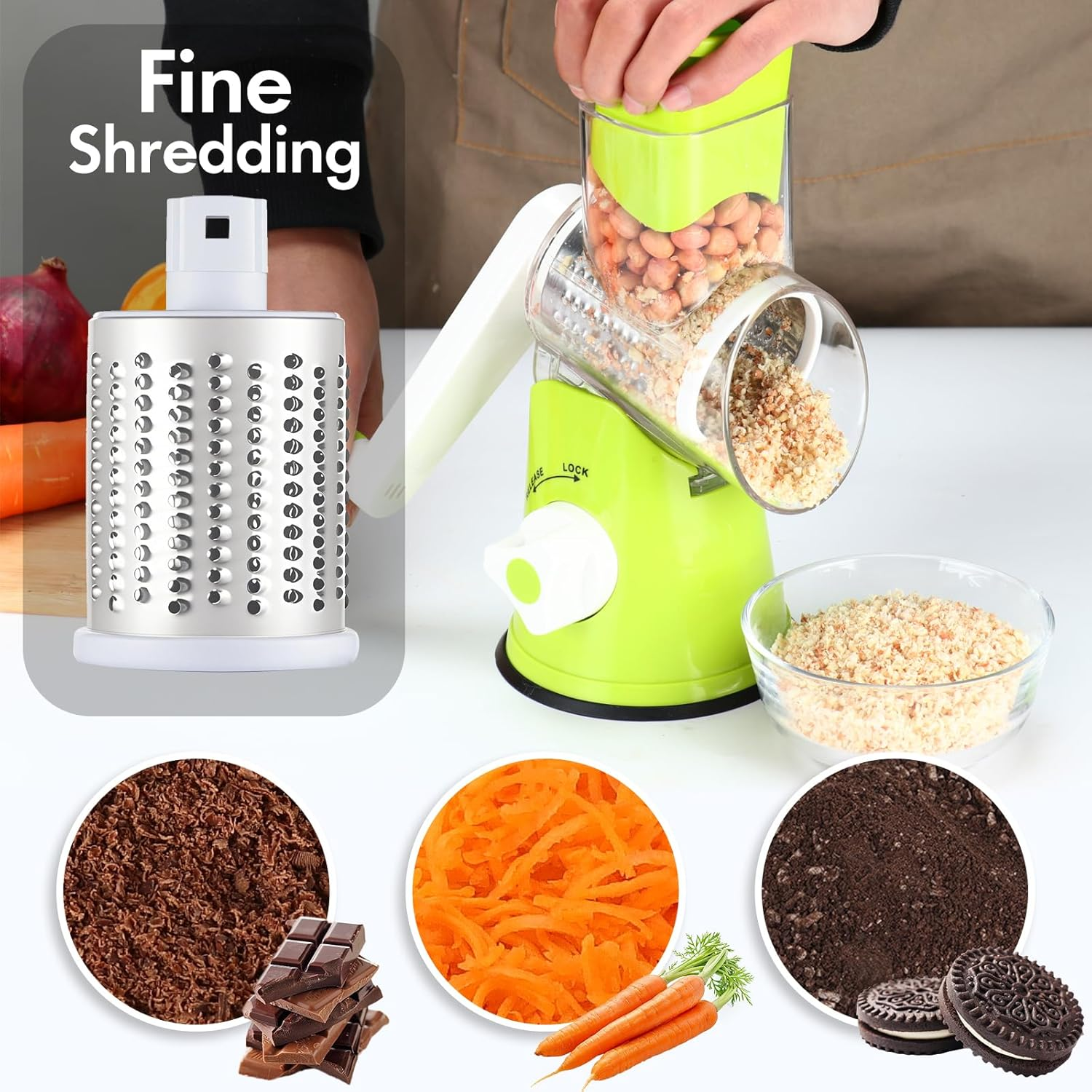 Rotary Cheese Grater Shredder, Speed Kitchen Manual round Mandolin Slicer Safe Grinder with 3 Interchangeable Blades for Nuts, Carrot, Hashbrown, Garlic, Walnut, Potato, Chocolate (Green) - Green image number 5