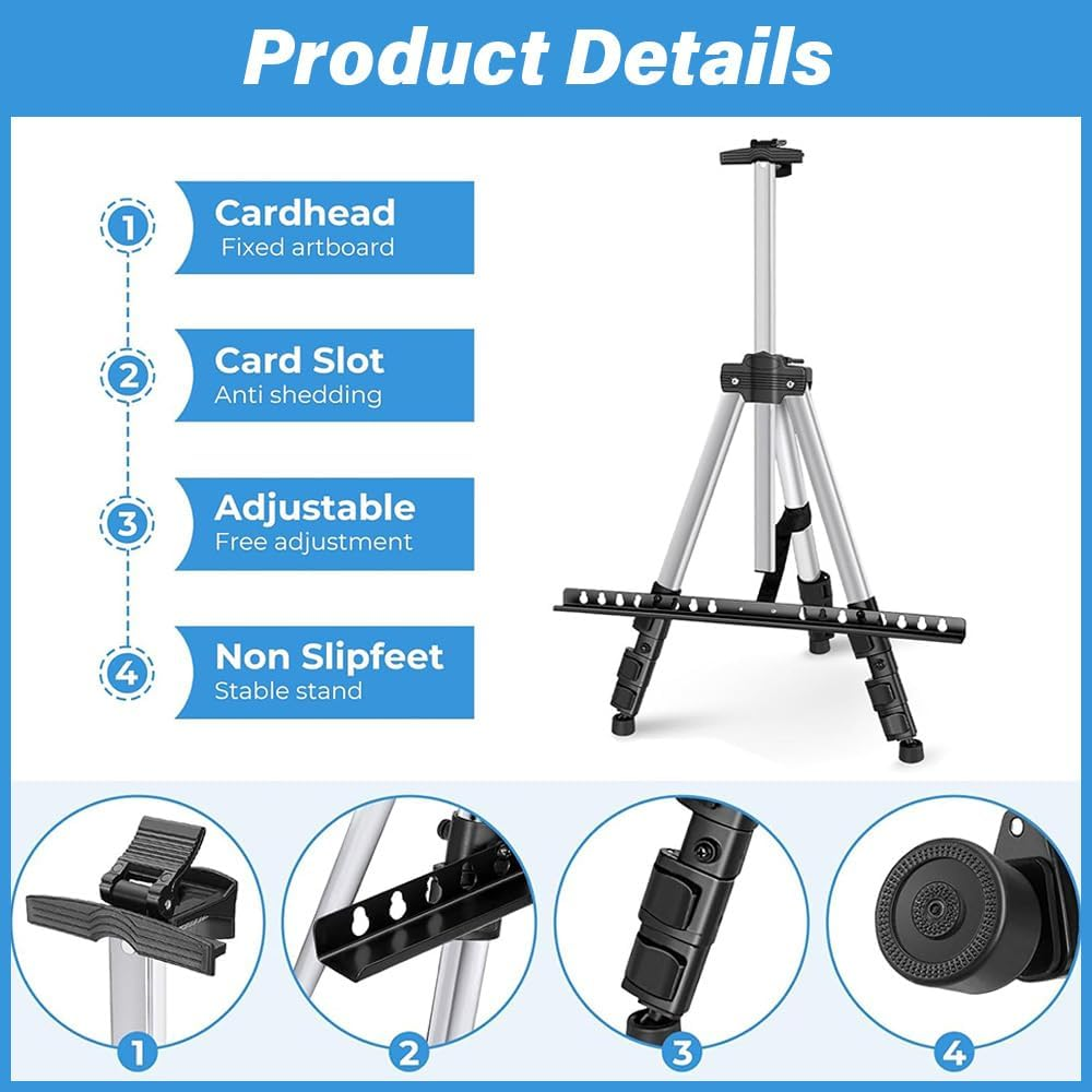Art Painting Easel, Aluminum Alloy Portable Telescopic Painting Stand, Adjustable Foldable Tripod for Painting Canvas, Suitable for Tabletop, Floor Painting and Advertising Display. (Silver) image number 1