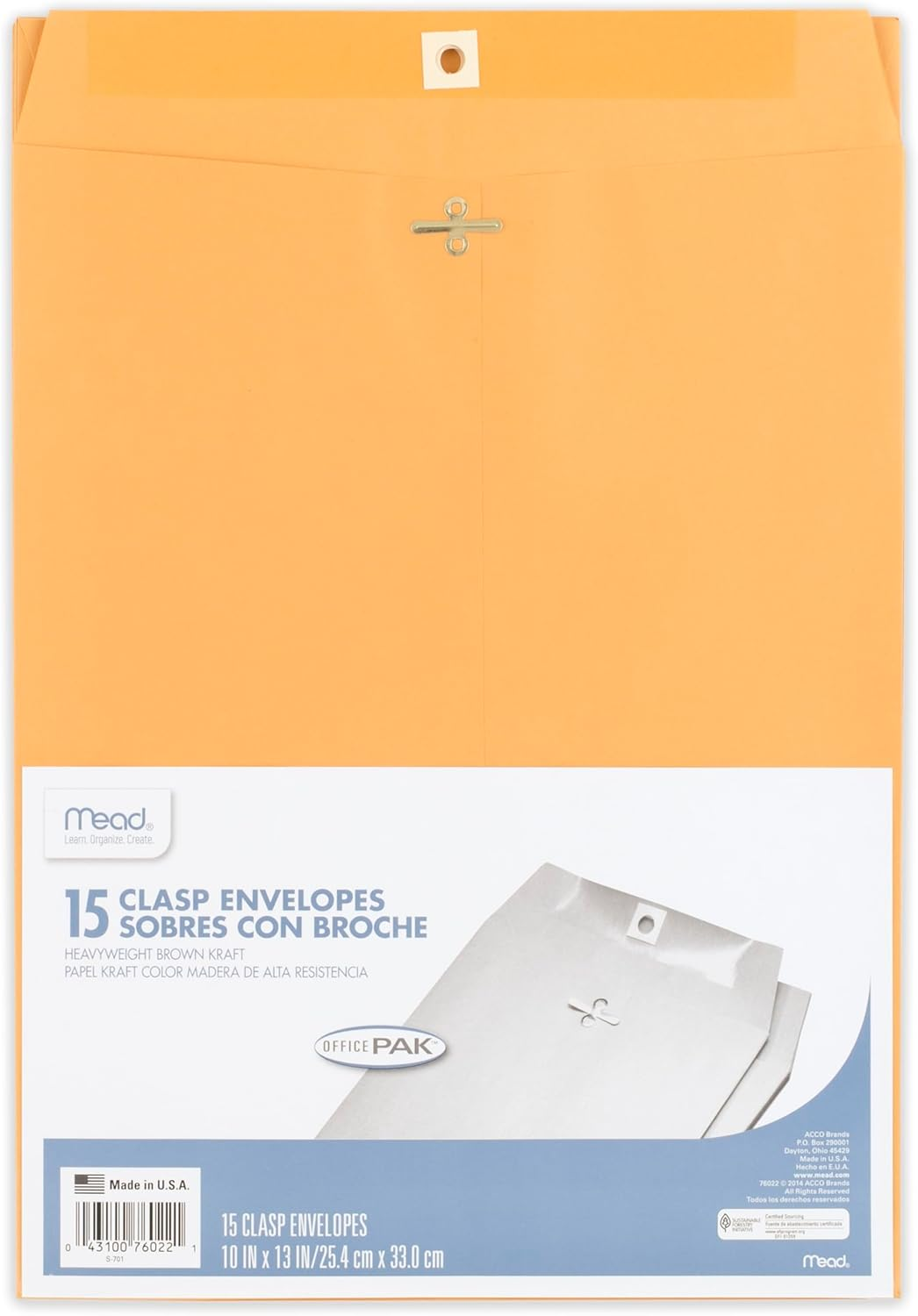 Mead Envelopes, 10" X 13", Clasp Closure, Brown Kraft All-Purpose 24-Lb Paper Mailing Envelopes, 15 Count (76022) image number 3