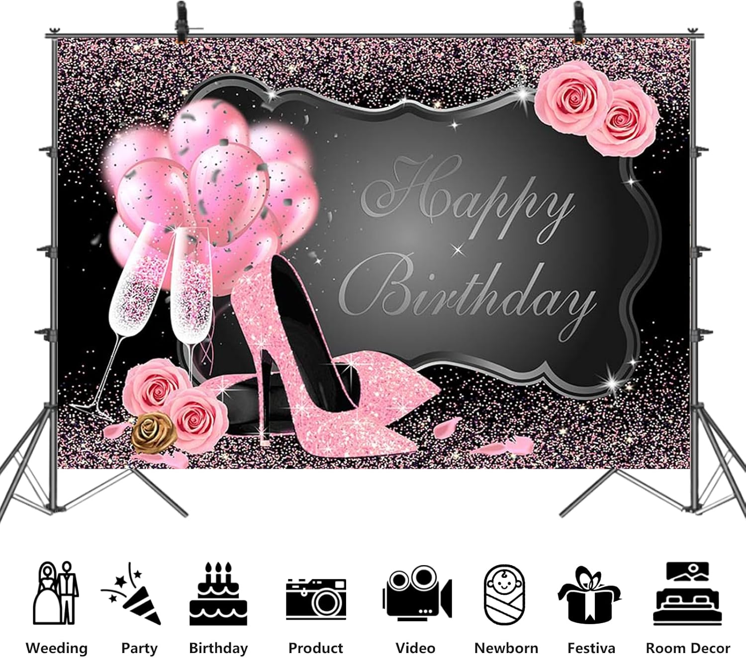APROPHIC Girls Female Birthday Background Glitter Photo Photography Background Happy Birthday Party Banner High Heels Champagne Pink Balloon Decoration Cake Table Accessories 210 X 150 Cm