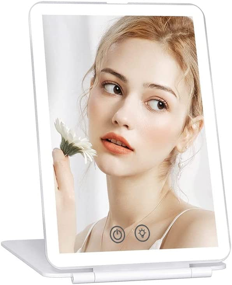 Rechargeable Makeup Vanity Mirror with 72 Led Lights, Lighted Travel Portable Light up Beauty Mirror, 3 Color Lighting, Dimmable Touch Screen, Tabletop Desk Foldable Cosmetic Mirror with Lights(Black)