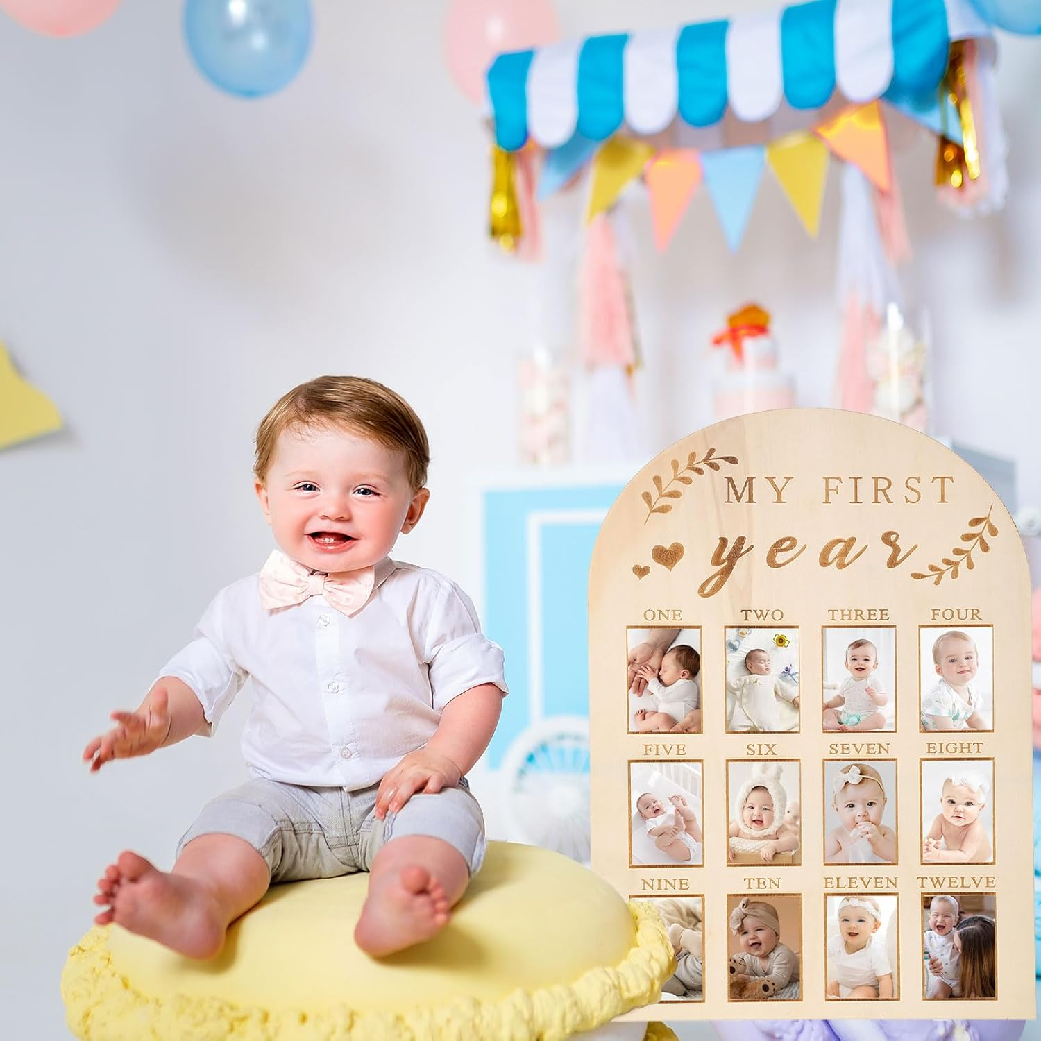 One Year Birthday Wooden Photo Board,My First Year Milestones Photo Board,12 Monthly Picture Frame Baby First Year Wood Acrylic Sign 1St Birthday Decorations Baby Keepsake Gifts(Syle) - Simplicity image number 2