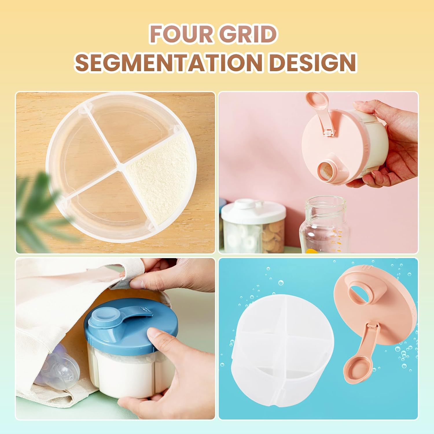 Baby Food Storage Containers,Baby Formula Dispenser 2Pack 4 Compartment Travel Powder Container for Infant Formula, Snacks Cereal PP Plastic, Leak Proof Easy Clean (Pink+Blue, 9.4X9.4X6Cm) image number 4