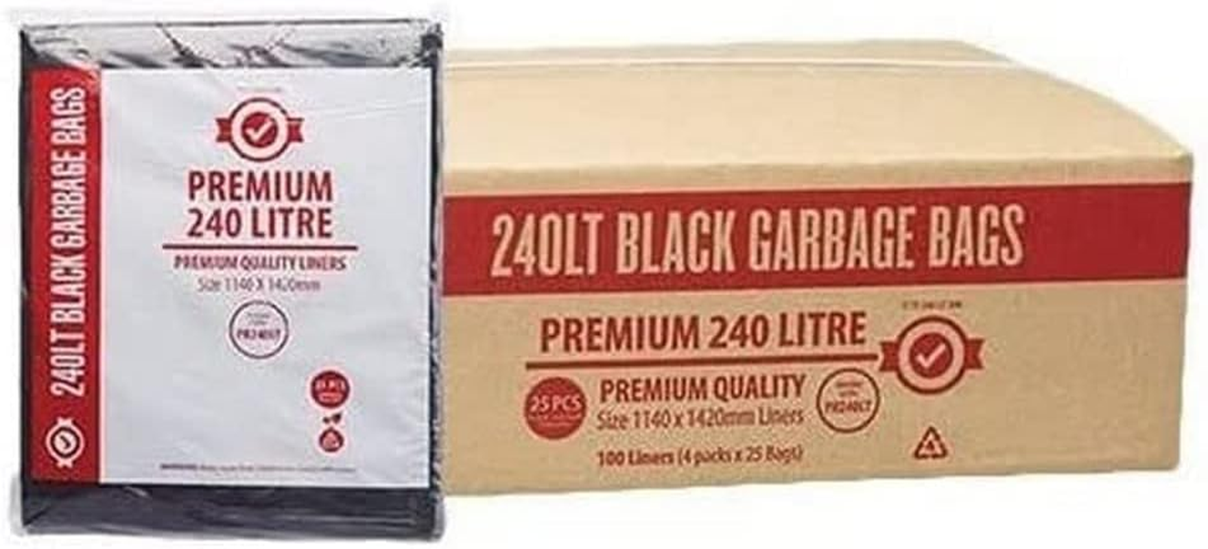 Austar Premium 32UM Garbage Bags 100 Pack, 240 Litre Capacity, Black