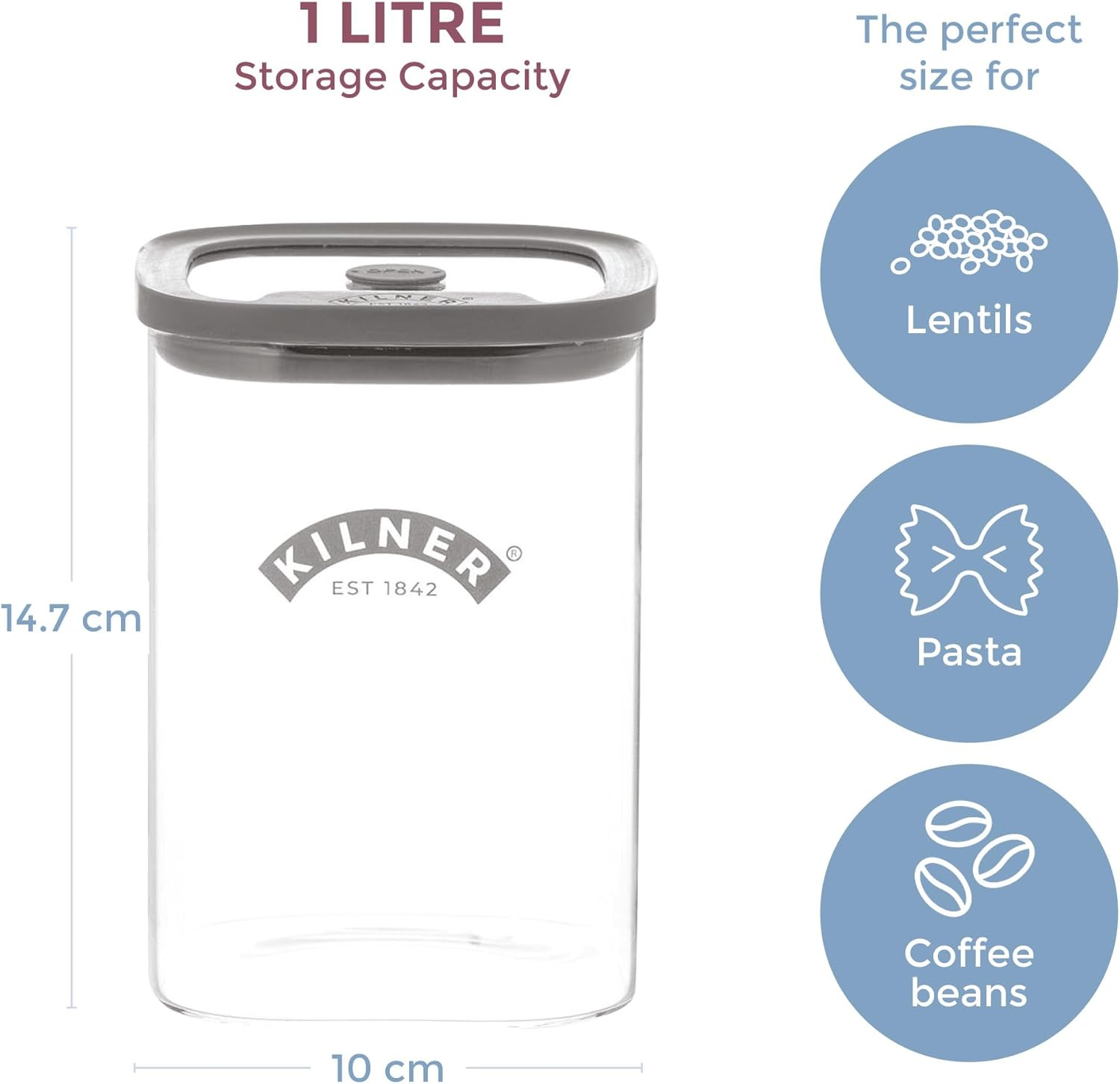 Kilner Fresh Storage Jar 1 Litre Glass Food Container with Vacuum Seal Lid | Bpa-Free Glass | Airtight, Stackable, Easy-Pour Design | Ideal for Tea, Coffee, Sugar & More image number 6