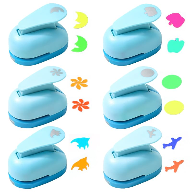 6 Pcs Craft Paper Punch Set, Betterjonny Multiple Shape Punches,Moon, Waves, Apples, Fish, Circle, Airplanes Kids DIY Paper Card Making for Crafts Paper Punches Decorative image number 5