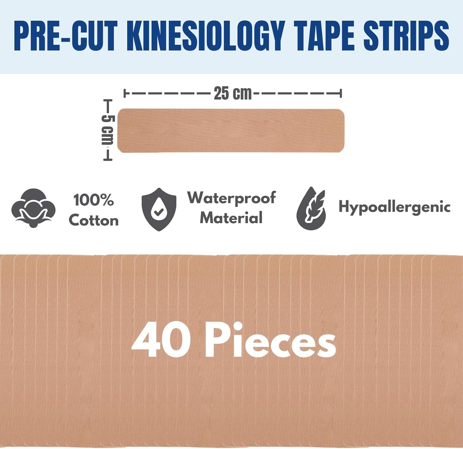 Kinesiology Tape 40 PCS Pre-Cut, JOMWEN Cotton Elastic Athletic Sports Tape Latex Free, Hypoallergenic Waterproof K Tape for Muscle Pain Relief, Joint Support, Physical Therapy (Beige) image number 4