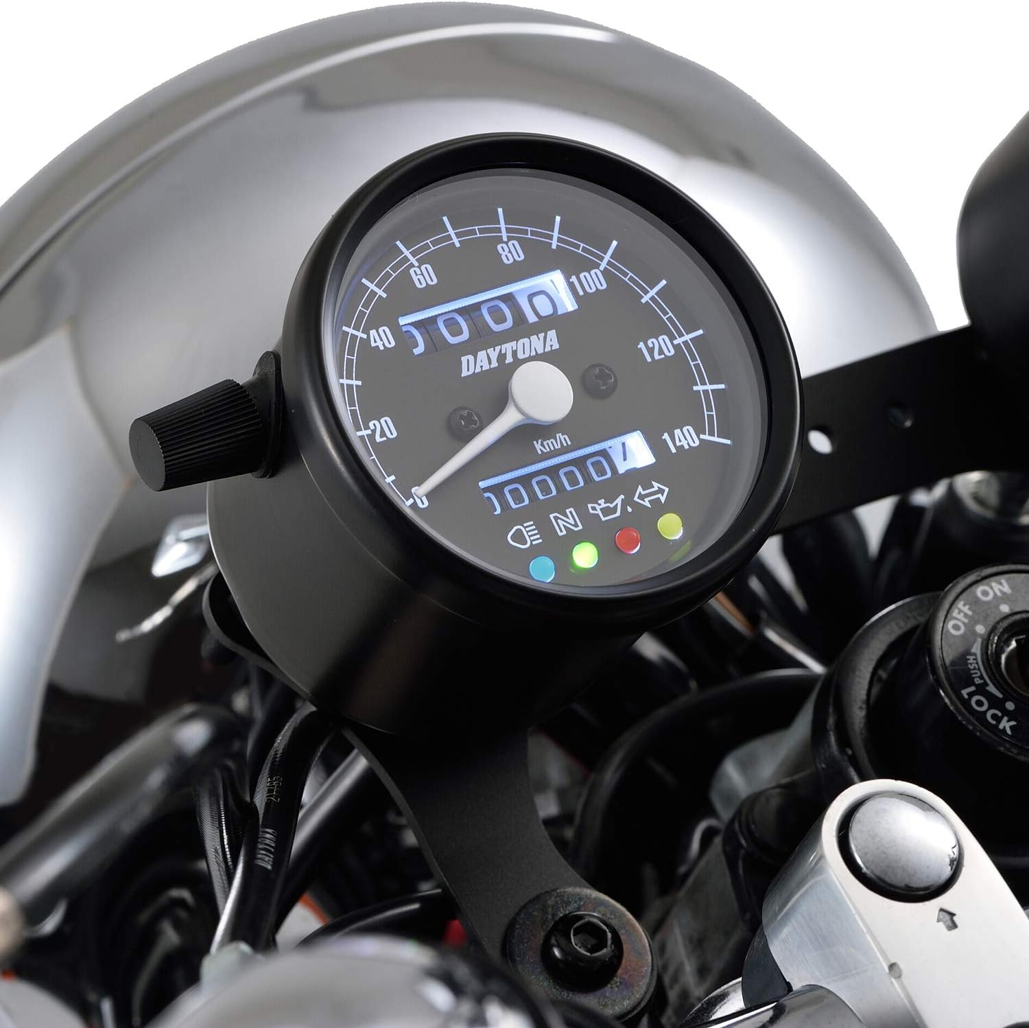 Daytona 15626 Motorbike Mechanical Speedometer, Black Body/Black Panel/White LED, Diameter 2.3 Inches (60 Mm), 140 Km/H Display, Indicator Included