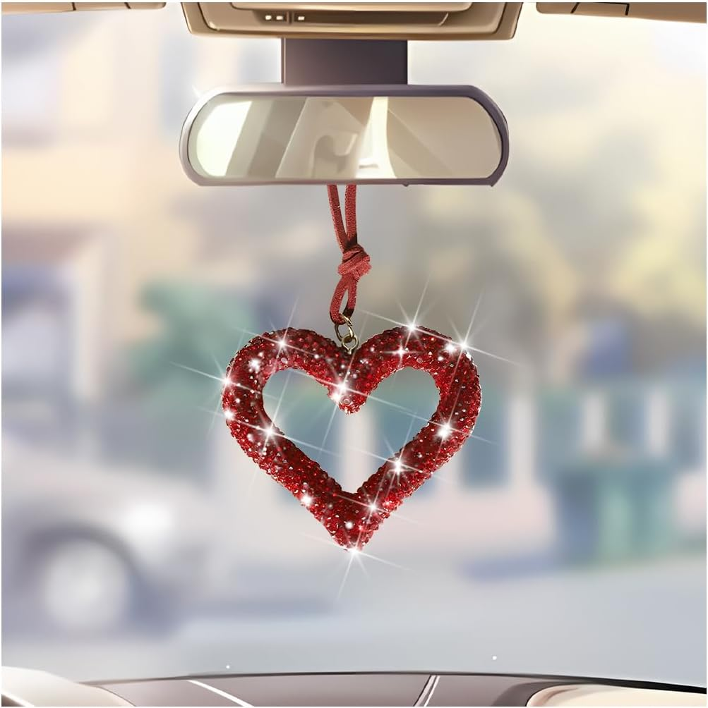 Mandark Bling Heart Car Hanging Accessories, Crystal Rhinestone Vehicle Rear View Mirror Charm Pendant Ornaments, Cute Diamond Auto Interior Hanger Decoration for Women Girls（Wine Red） image number 1
