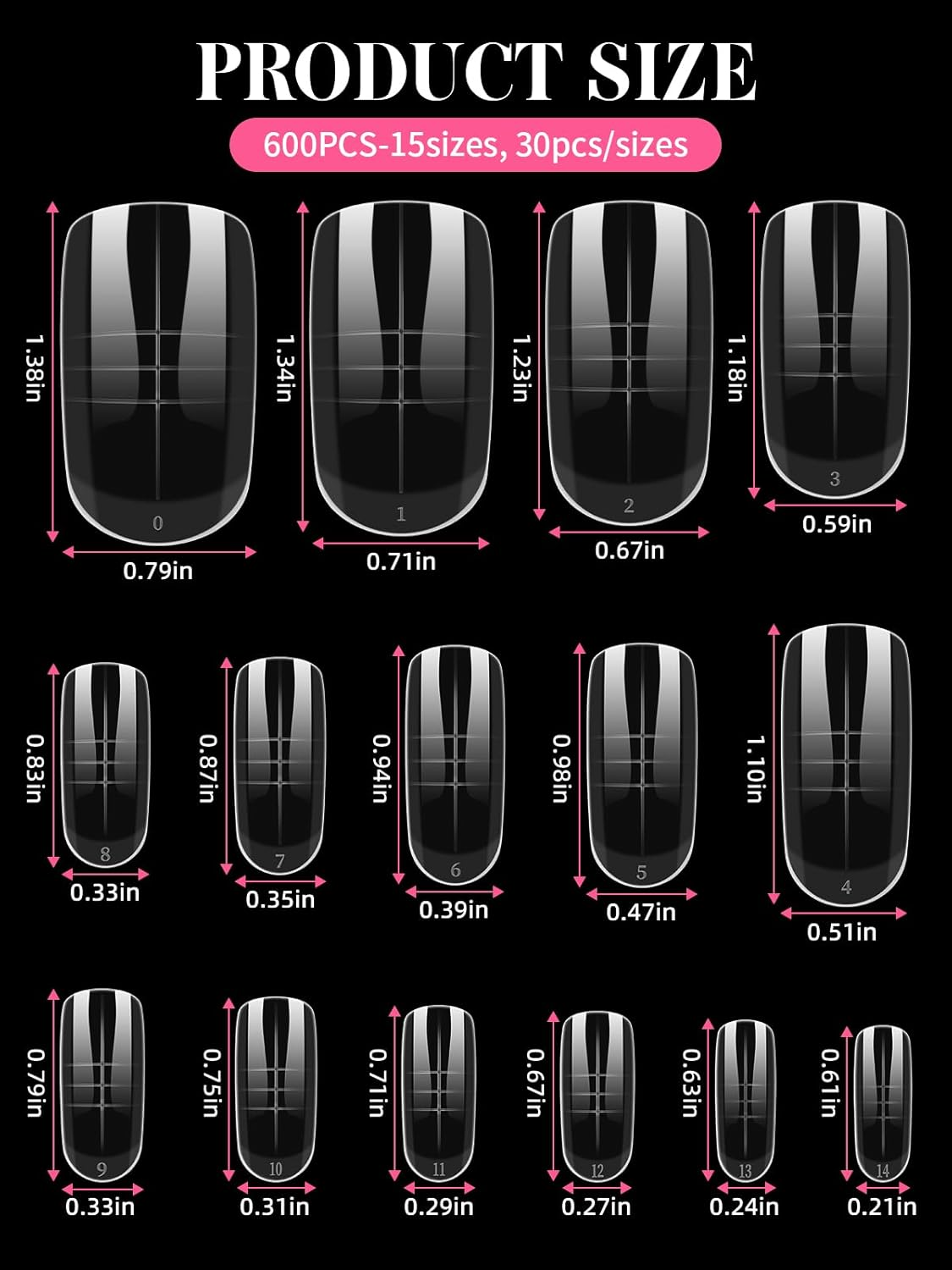 EBANKU 600 Pcs Double Toe Nail Extension Molds Reusable Full Cover Acrylic Nails with French Tip and Pedicure for Salon and DIY at Home, 15 Sizes - Clear image number 3