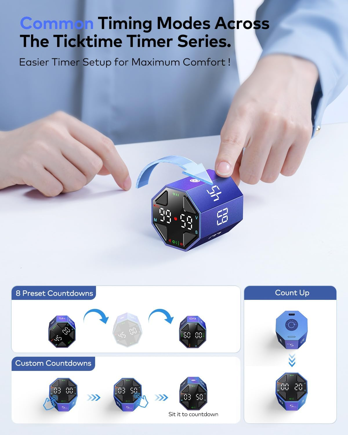 Ticktime Pomodoro Timer Cube, Custom Pomodoro, Pause & Resume, Silent, Vibrate & Adjustable Sound Alert, for ADHD, Task, Work, Study, 3/5/10/15/30/45/60Min & Custom Countdown, Blue image number 6