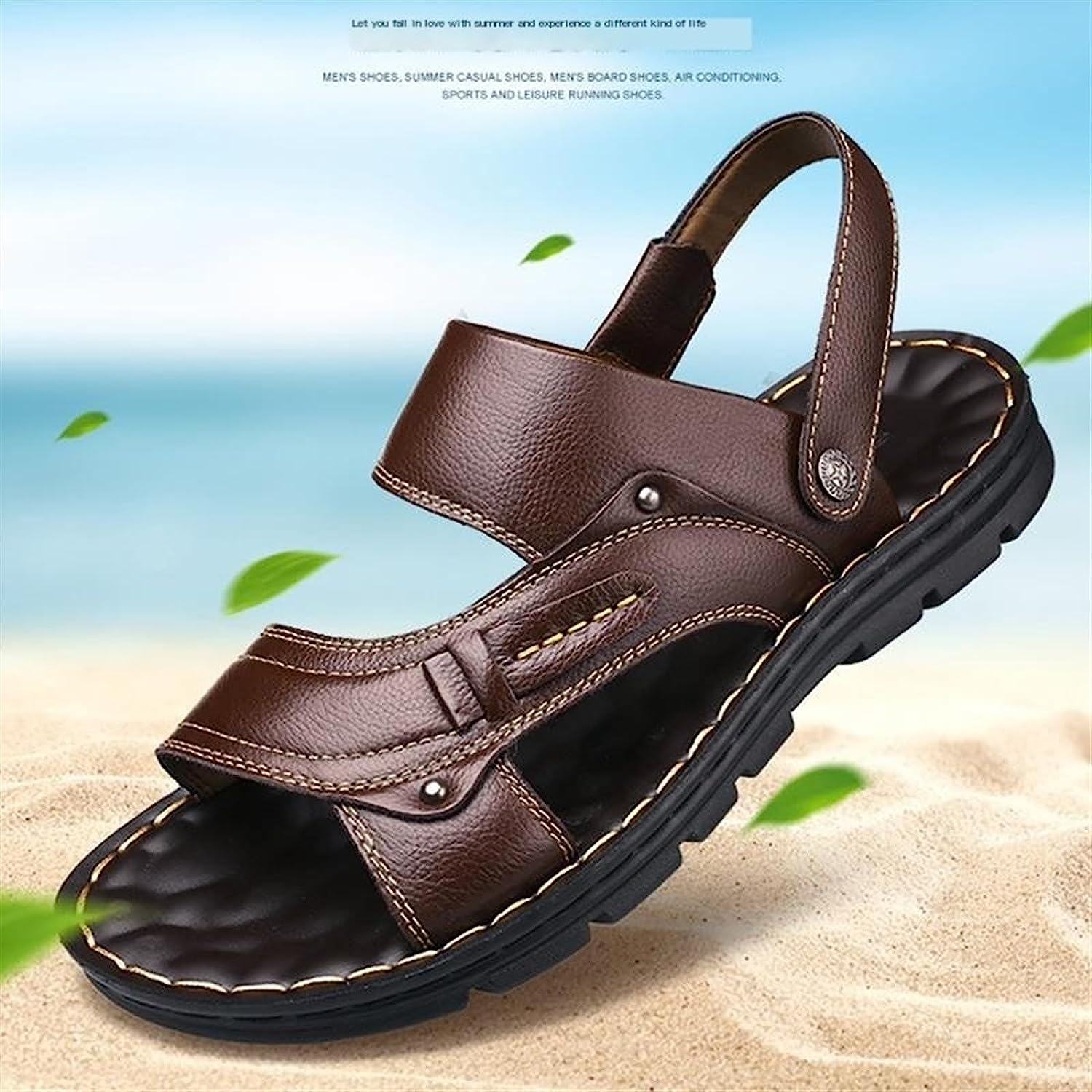 Summer Men Shoes Leather Beach Shoes Thick-Soled Anti-Skid Dual-Use Summer Casual Men Sandals Three-Color (Color : Brown, Size : 8)