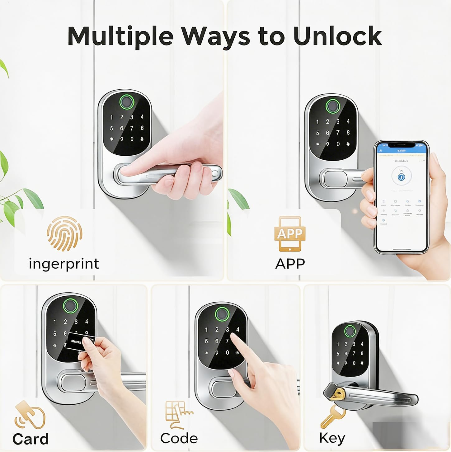 Silver Smart Lock - Electronic Door Lock with 5-In-1 Access - Fingerprint, Code, App, Key & Card Entry for Home, Rental，Office & Hotel Use image number 2
