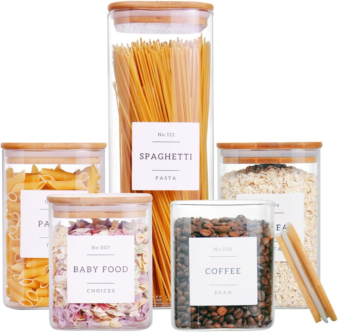 CZZGSM 6 Pack Square Glass Kitchen Storage Jars with Airtight Bamboo Lids and 132 Pantry Labels - 35Oz Glass Canisters with Wood Lids - Glass Food Storage Containers for Coffee, Cookie, Tea, Spice