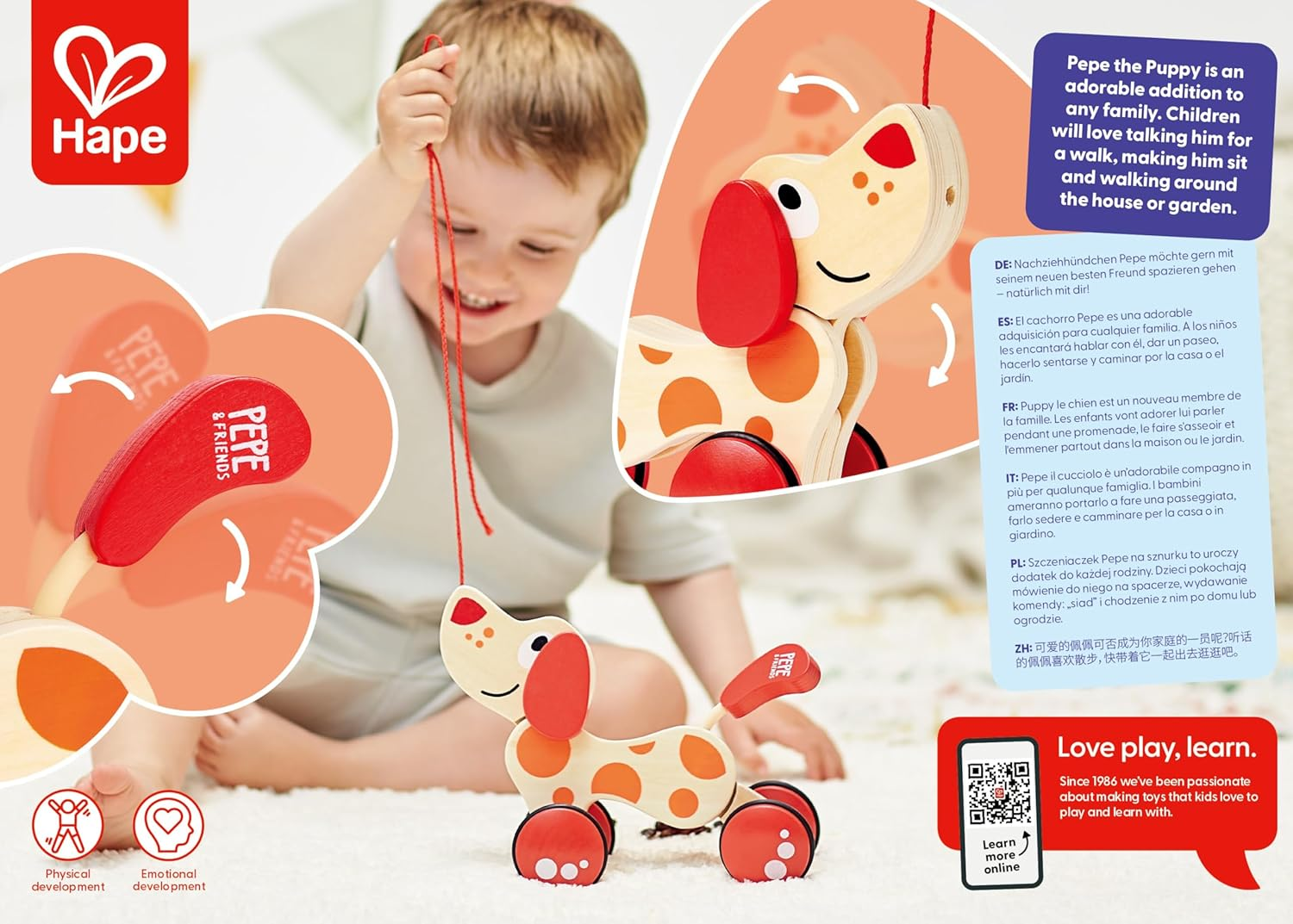 Hape Pepe Wooden Push & Pull along Dog Animal Baby/Toddler Fun Play Toy 12M+ image number 2