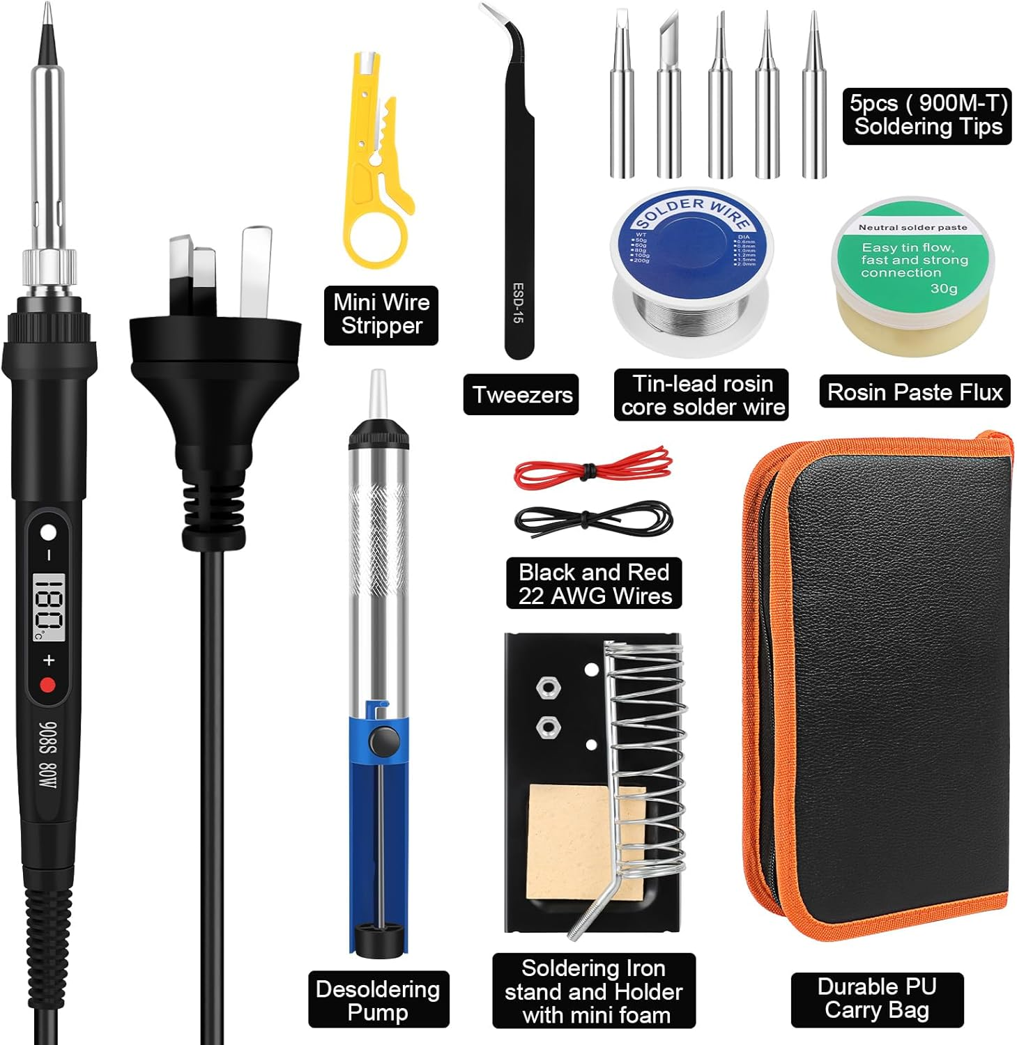 Soldering Iron Kit,80W Professional Soldering Kit for Electronics Adjustable Temperature Soldering Iron Tool with Solder Wire, Tweezers, Soldering Iron Stand(Au Plug) image number 3