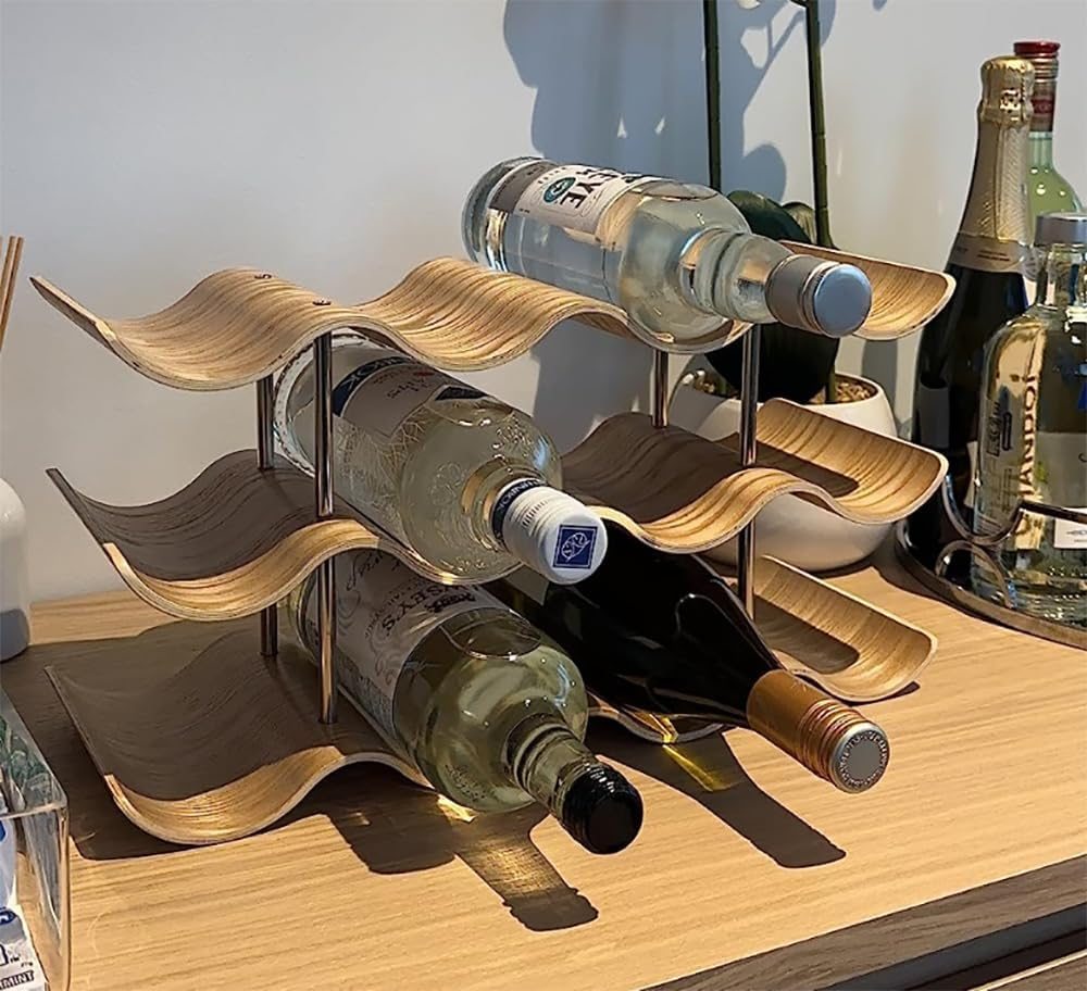 Mosegor Wooden Wine Rack Holds 12 Bottles of Wine，3-Tiers/4-Tiers Wine Bottle Holder Countertop Wave Wine Storage Rack for Home Bar Accessories (3-Tiers) image number 2