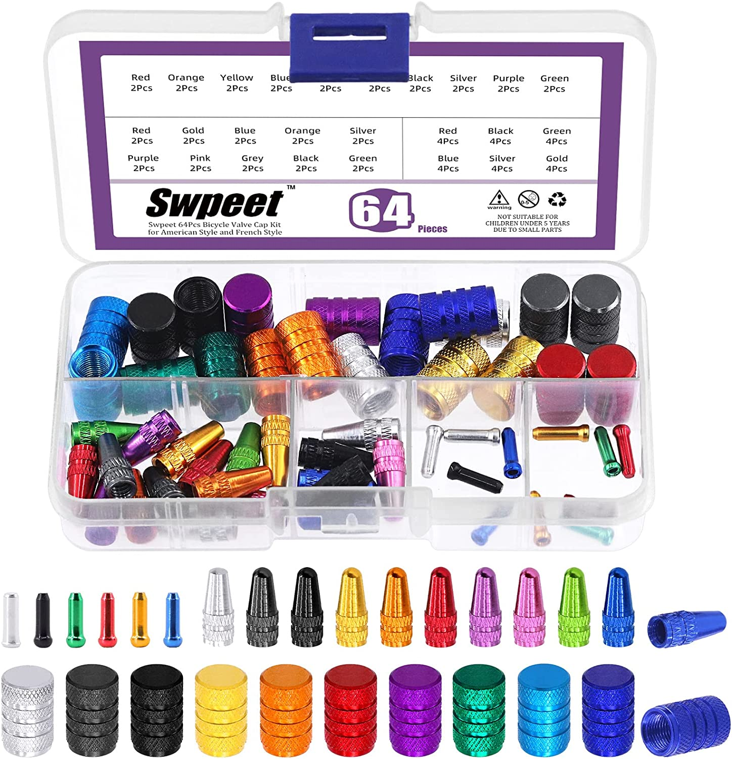 Swpeet 64Pcs 3 Styles Bike Cable End Caps Assortment Kit, Multi Color Anodized Aluminum Alloy Cycling Valve Cap Adapter Cap Bicycle Bike Tire Caps for Bicycle Bike Tire Caps image number 4