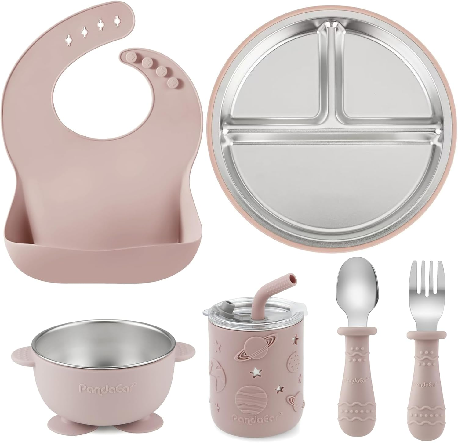 Pandaear 6-In-1 Stainless Steel Baby Feeding Set | Divided Suction Plate, Bowl, Sippy Cup with Straw, Bib, Spoon & Fork | Bpa-Free Toddler Feeding Essentials for Self-Feeding, Pink image number 6
