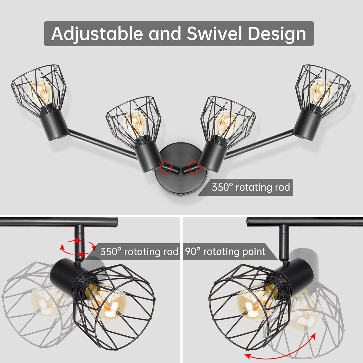 Spot Light Fittings for Ceilings Adjustable Metal Wire Cage Kitchen Spotlight Ceiling Lights with E14 Base Black 4 Way Ceiling Light Industrial for Bedroom Hallway Living Room Shop - Black 2 Spot image number 5