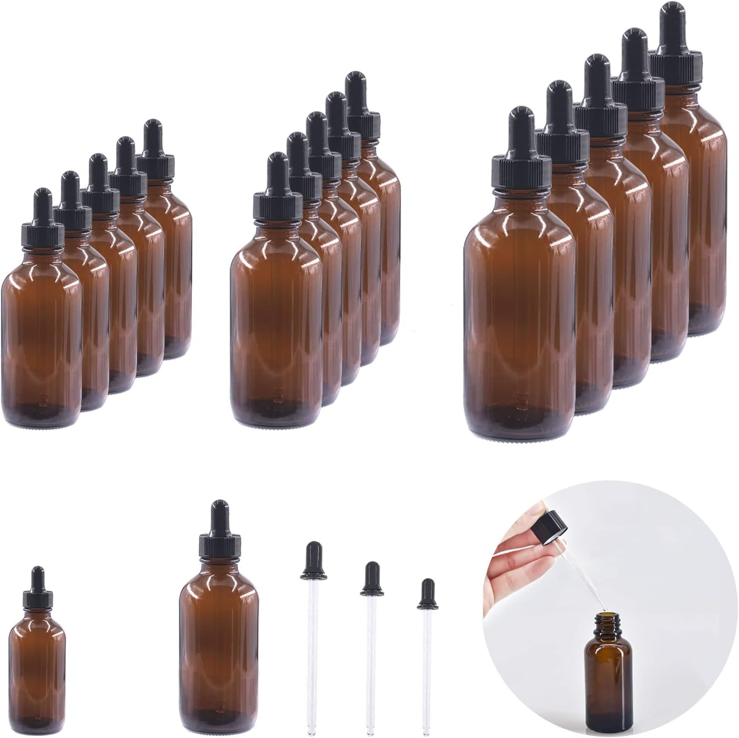 Keadic 24 Pack 1 Oz 2 Oz 4 Oz Glass Dropper Bottles Assortment Set with Tapered Eye Dropper & Black Cap Amber round Boston Tincture Bottles for Massage Essential Oils Perfumes Liquids image number 4